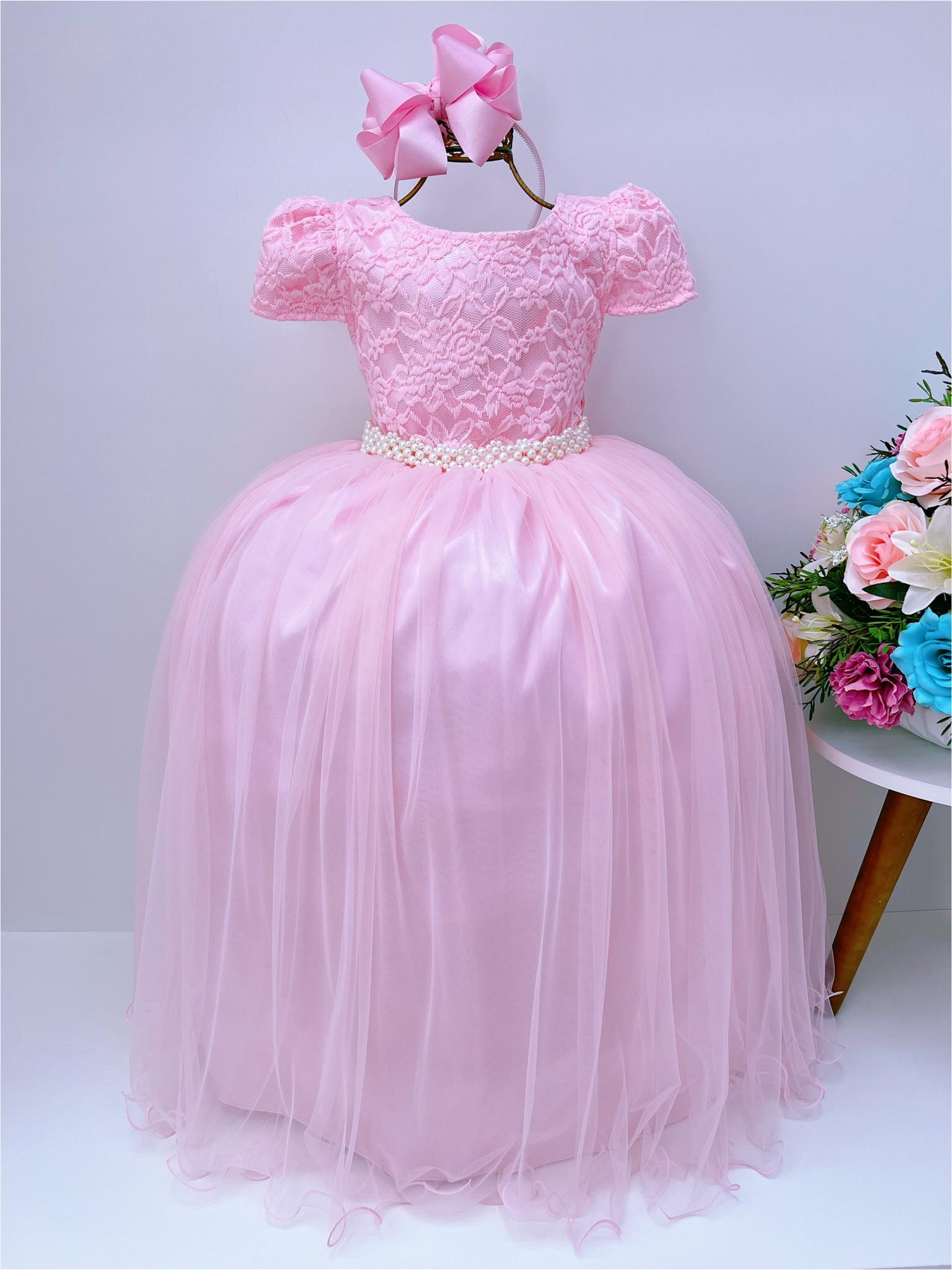 Vestido Infantil Rosa Tule Renda Longo Dama Luxo Casamento