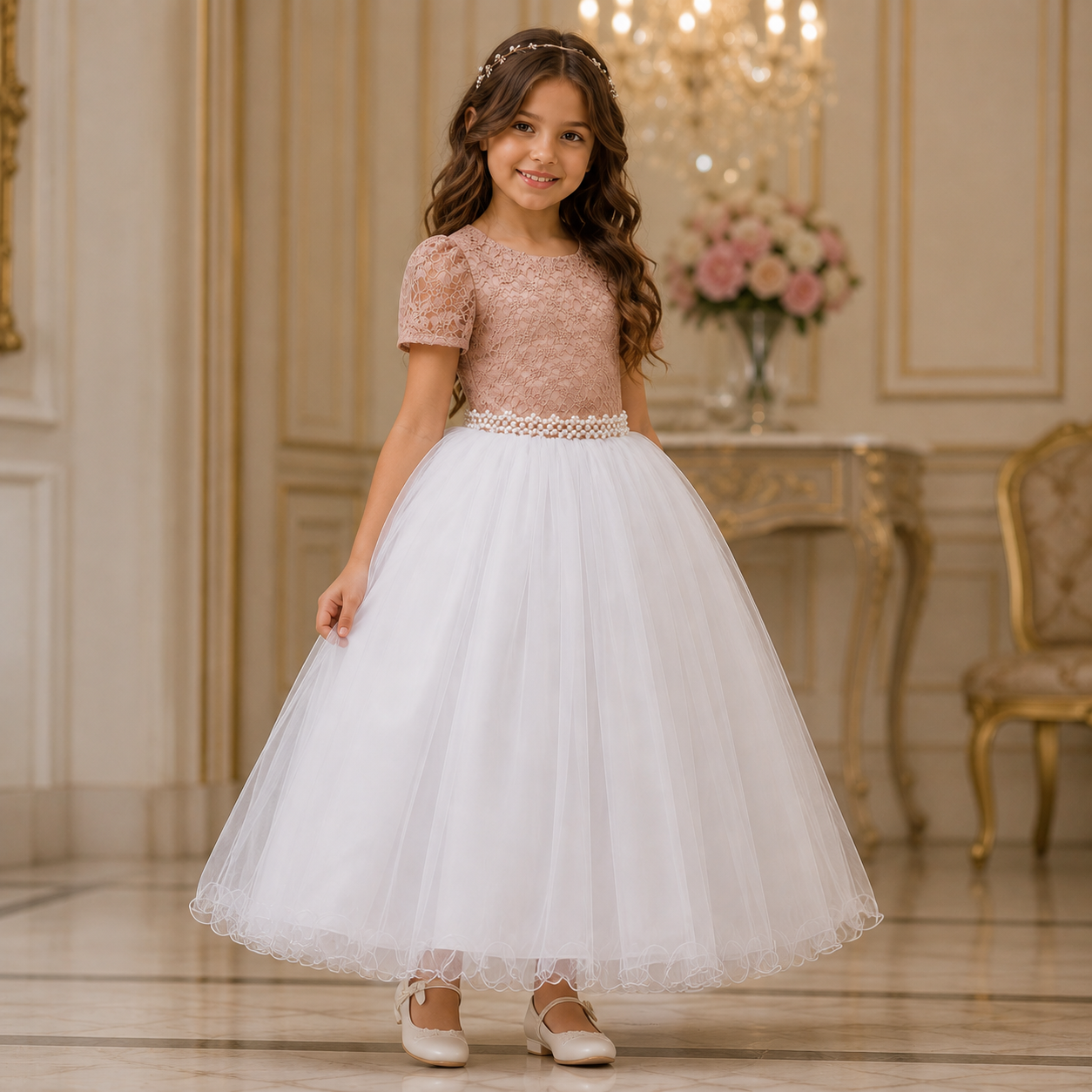 Vestido Infantil Damas Longo, Rosè/Branco, em Cetim, Renda e Tule