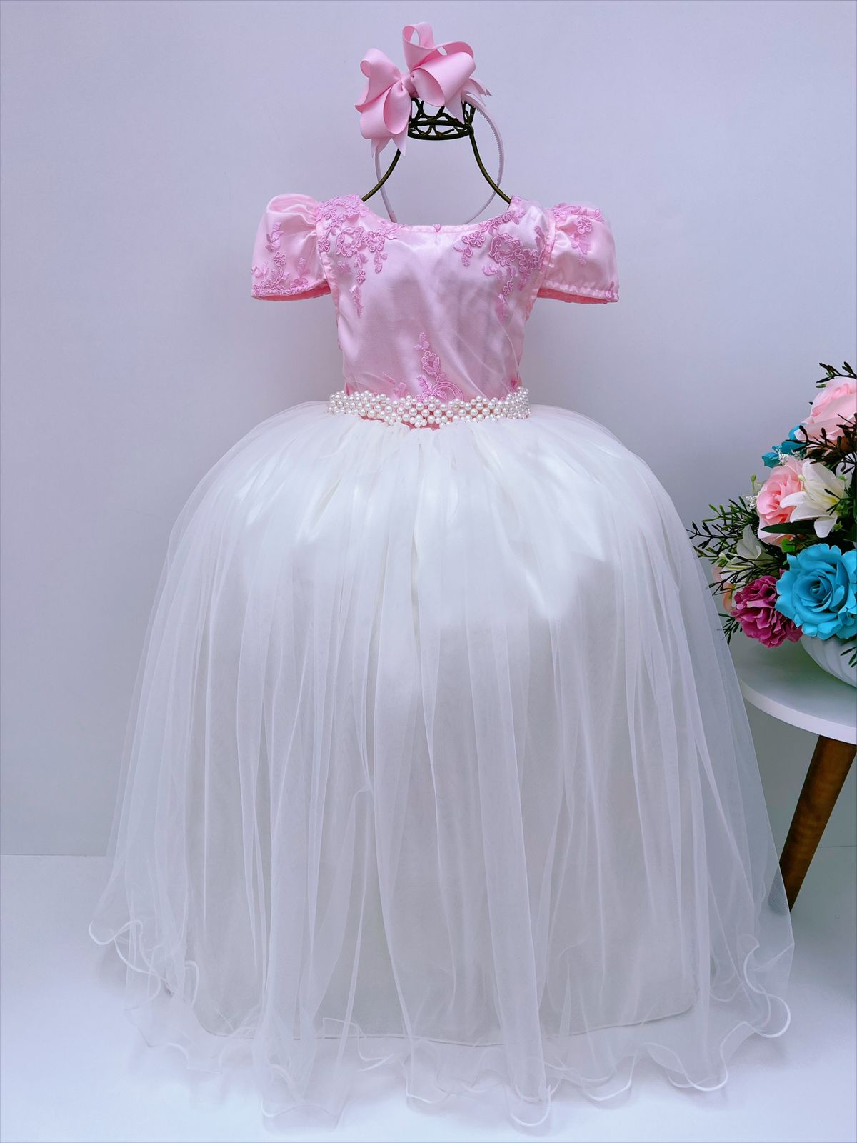 Vestido Infantil Rosé com Renda Brilho Saia Off Damas Longo