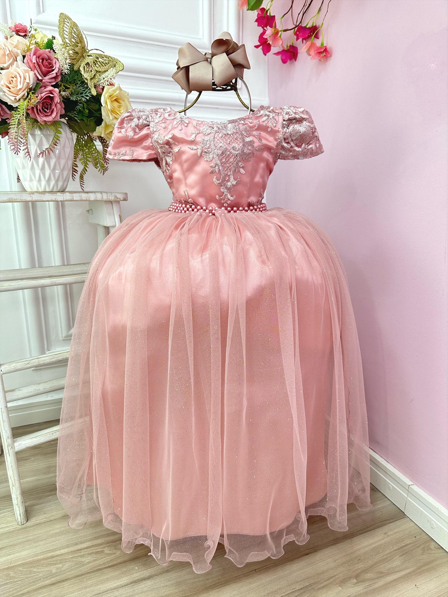 Vestido Infantil Rose Realeza C/ Renda e Pérolas Damas