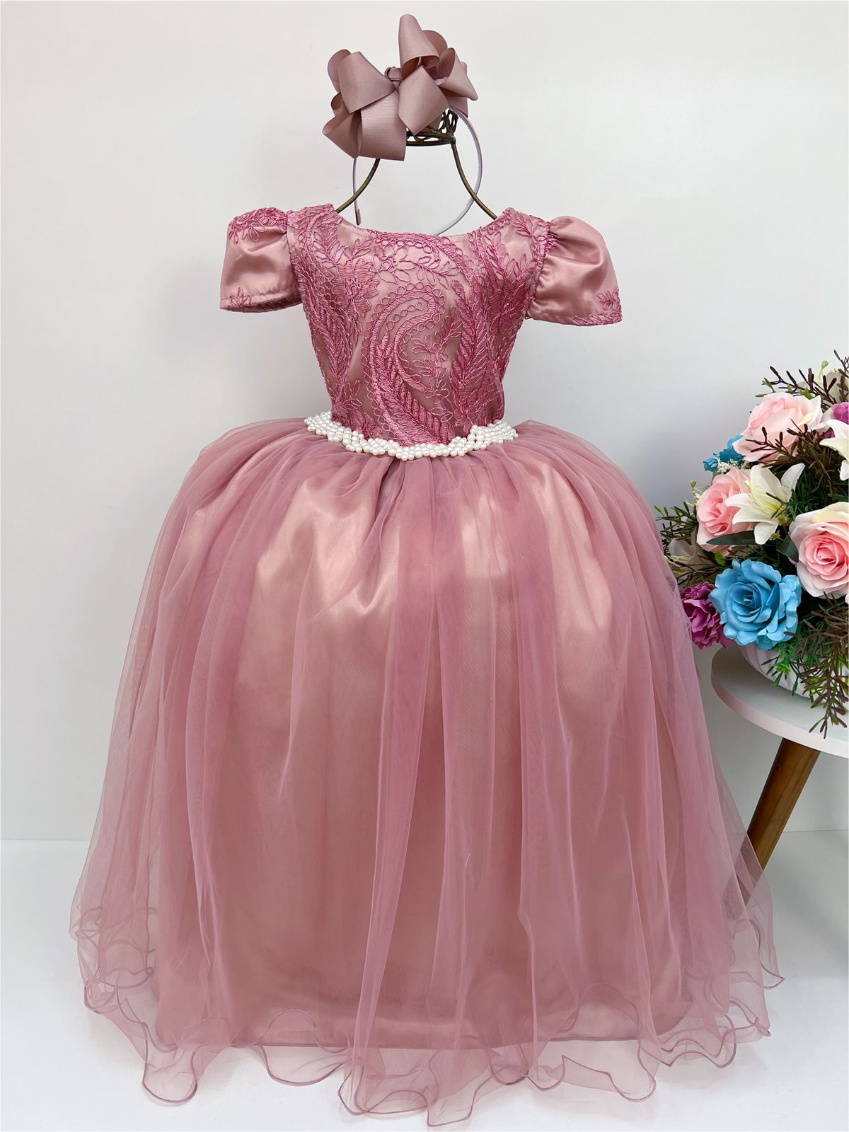 Vestido Infantil Rosé Renda Brilho Damas Longo C/ Cinto