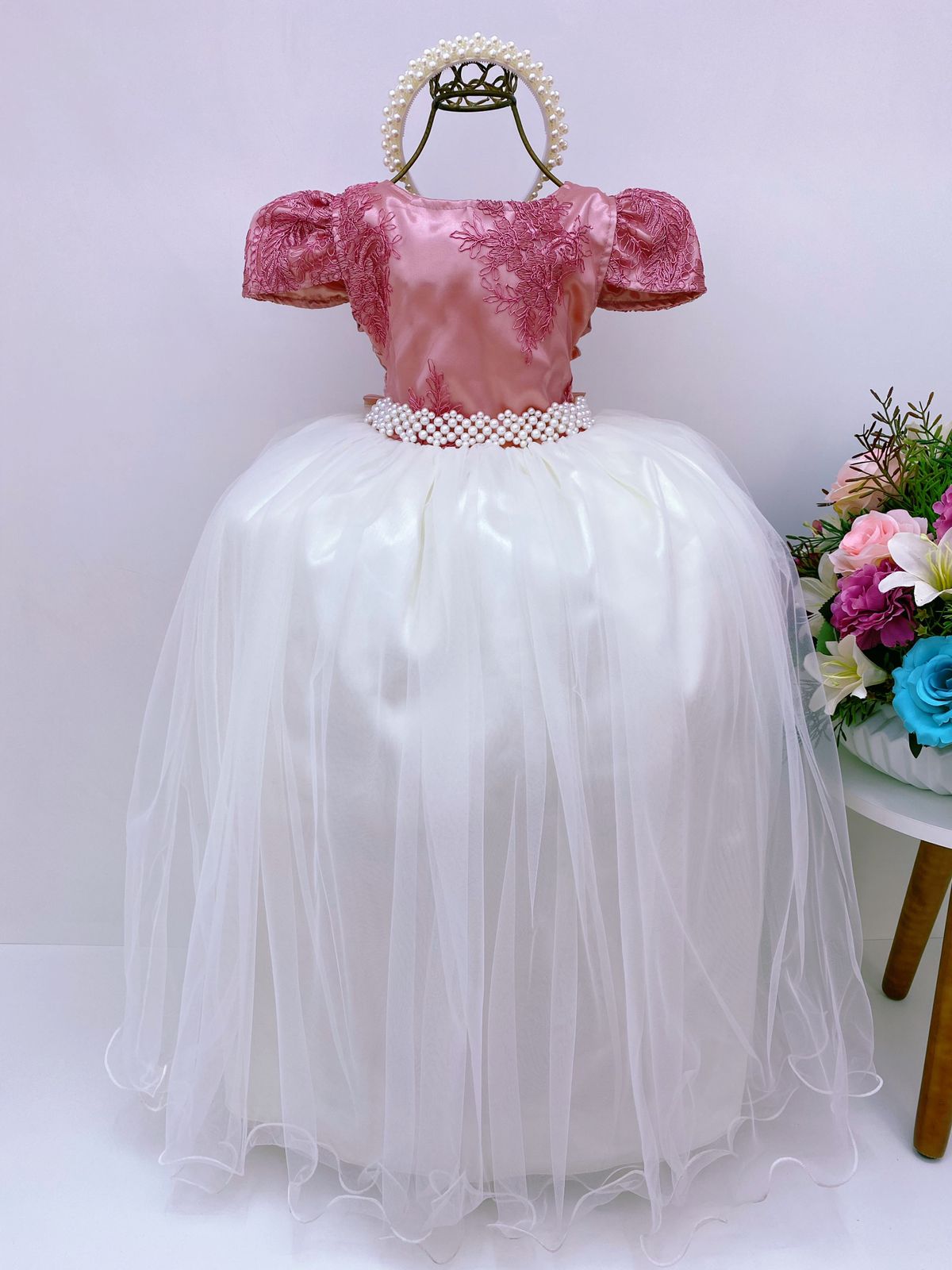 Vestido Infantil Rosê Renda Brilho Saia Off Damas Longo