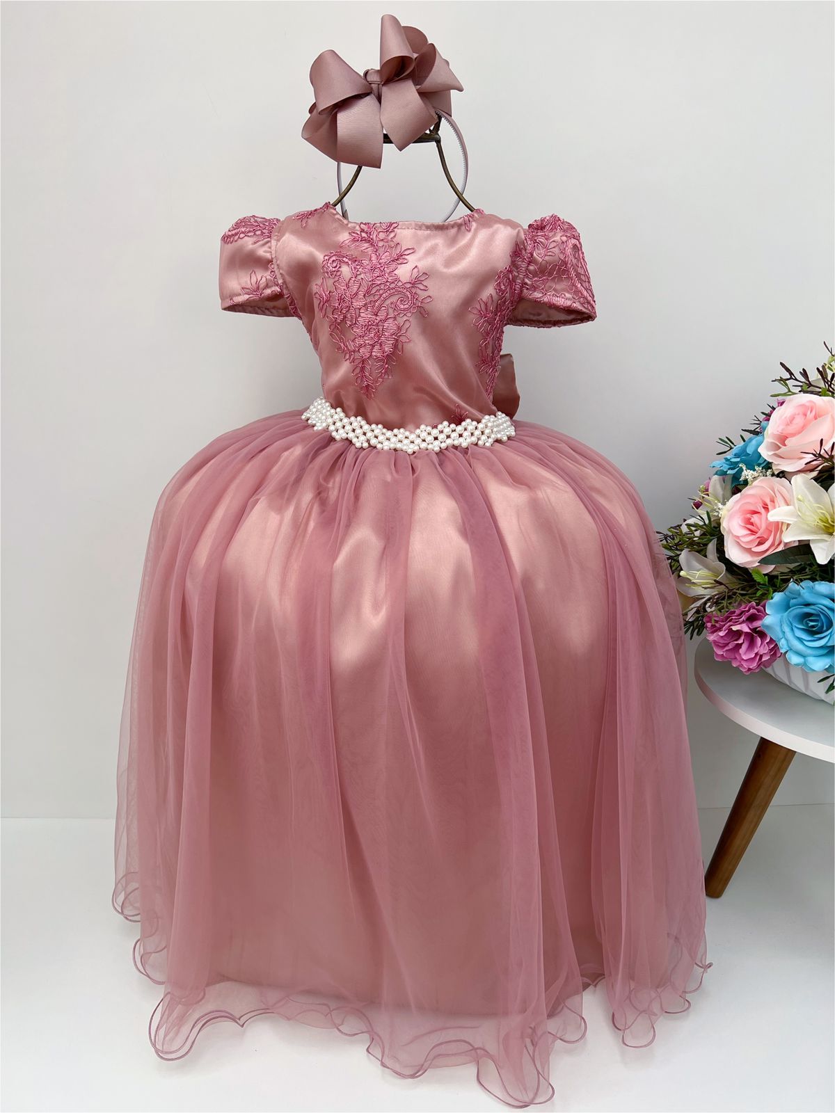 Vestido Infantil Rosé Renda Realeza Damas Longo