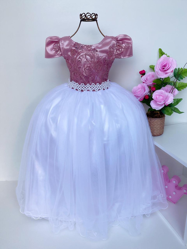 Vestido Infantil Rosê Saia Branca Damas de Honra Longo
