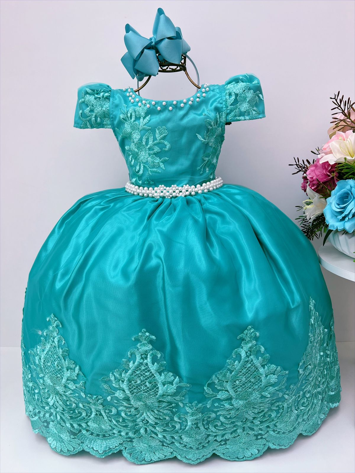 Vestido Infantil Verde Luxo Pérola Rendado Casamento Damas
