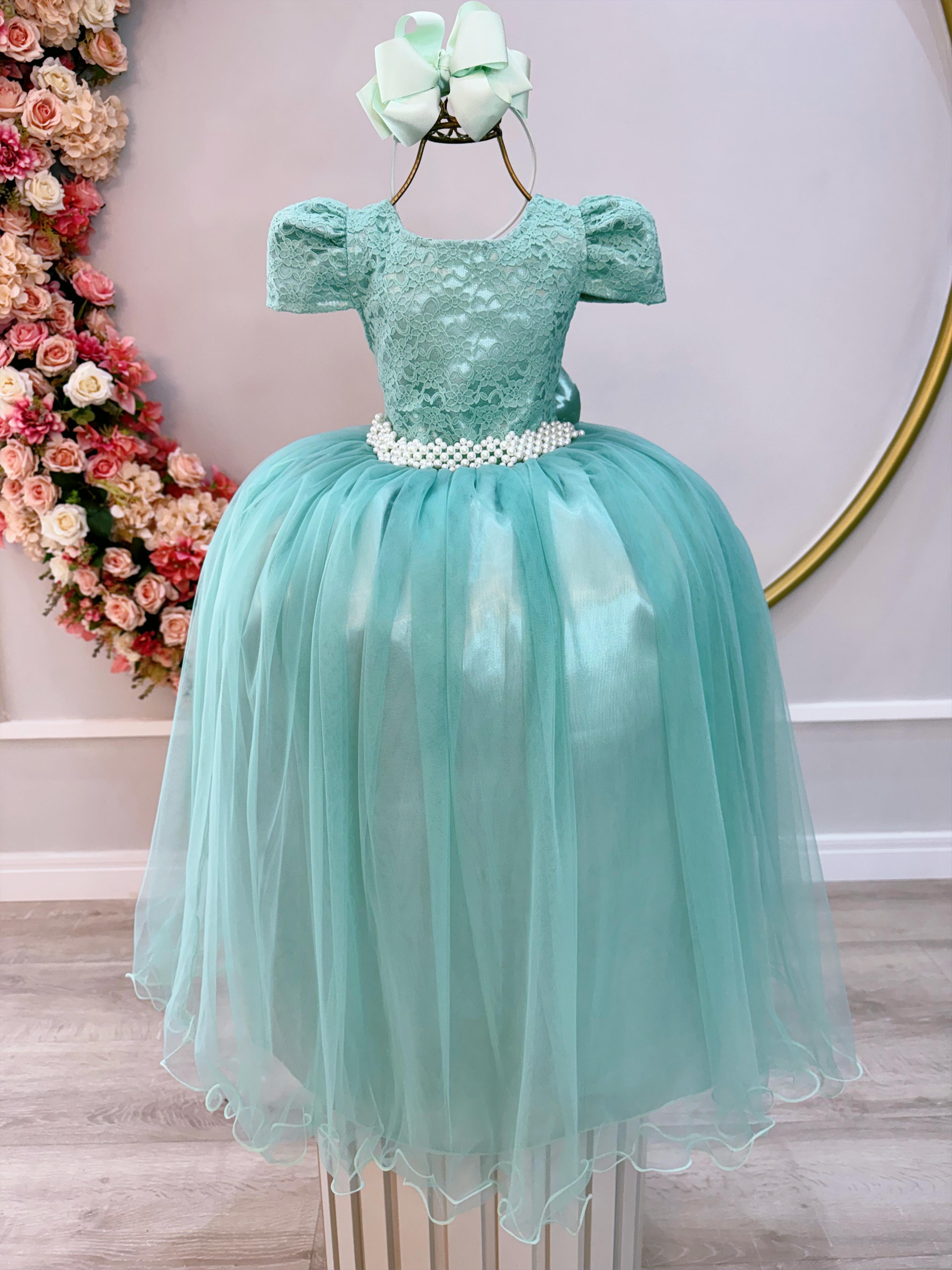 Vestido Infantil Verde Menta Tule Renda Longo Casamento