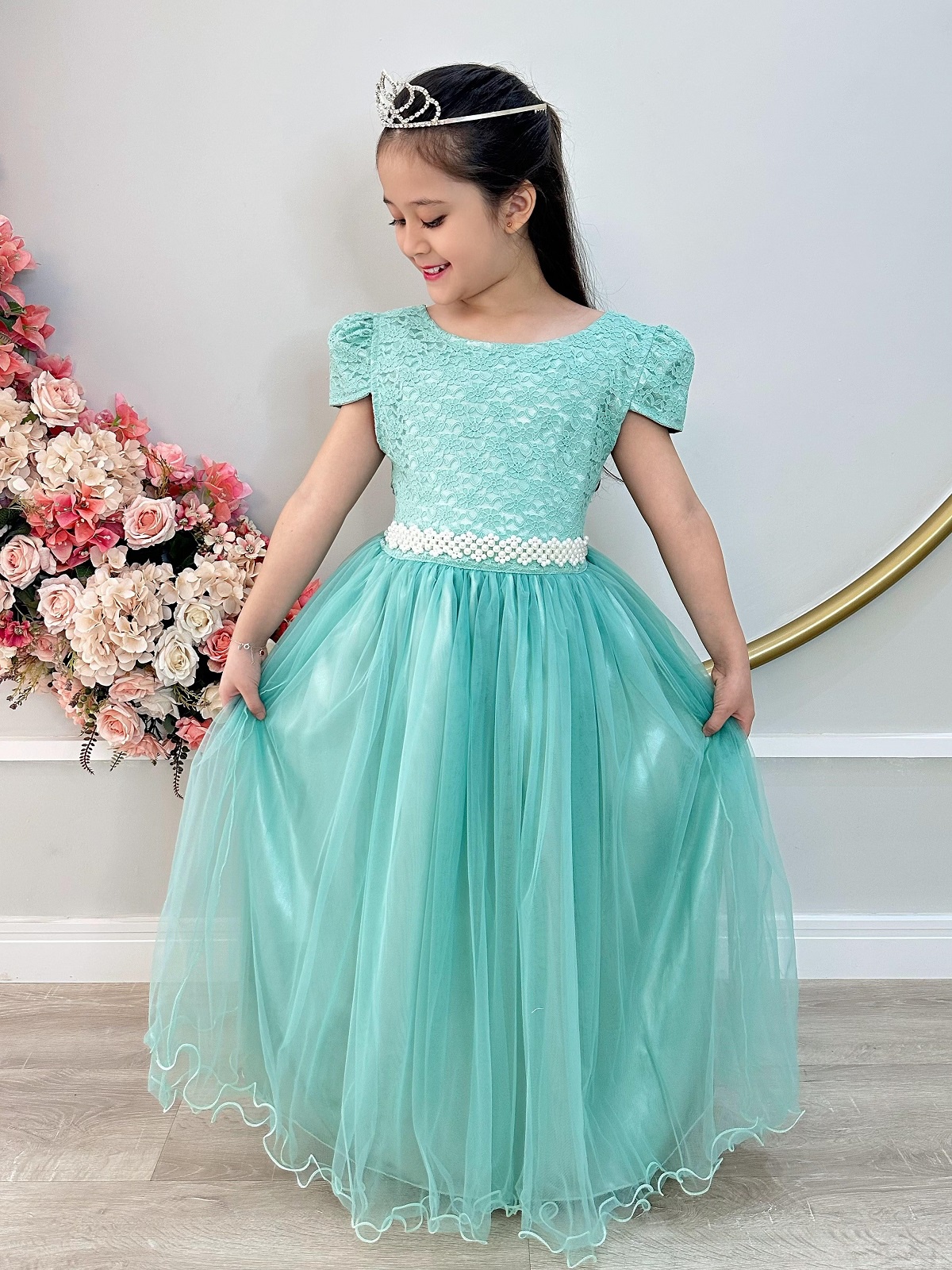 Vestido Infantil Verde Menta Tule Renda Longo Casamento