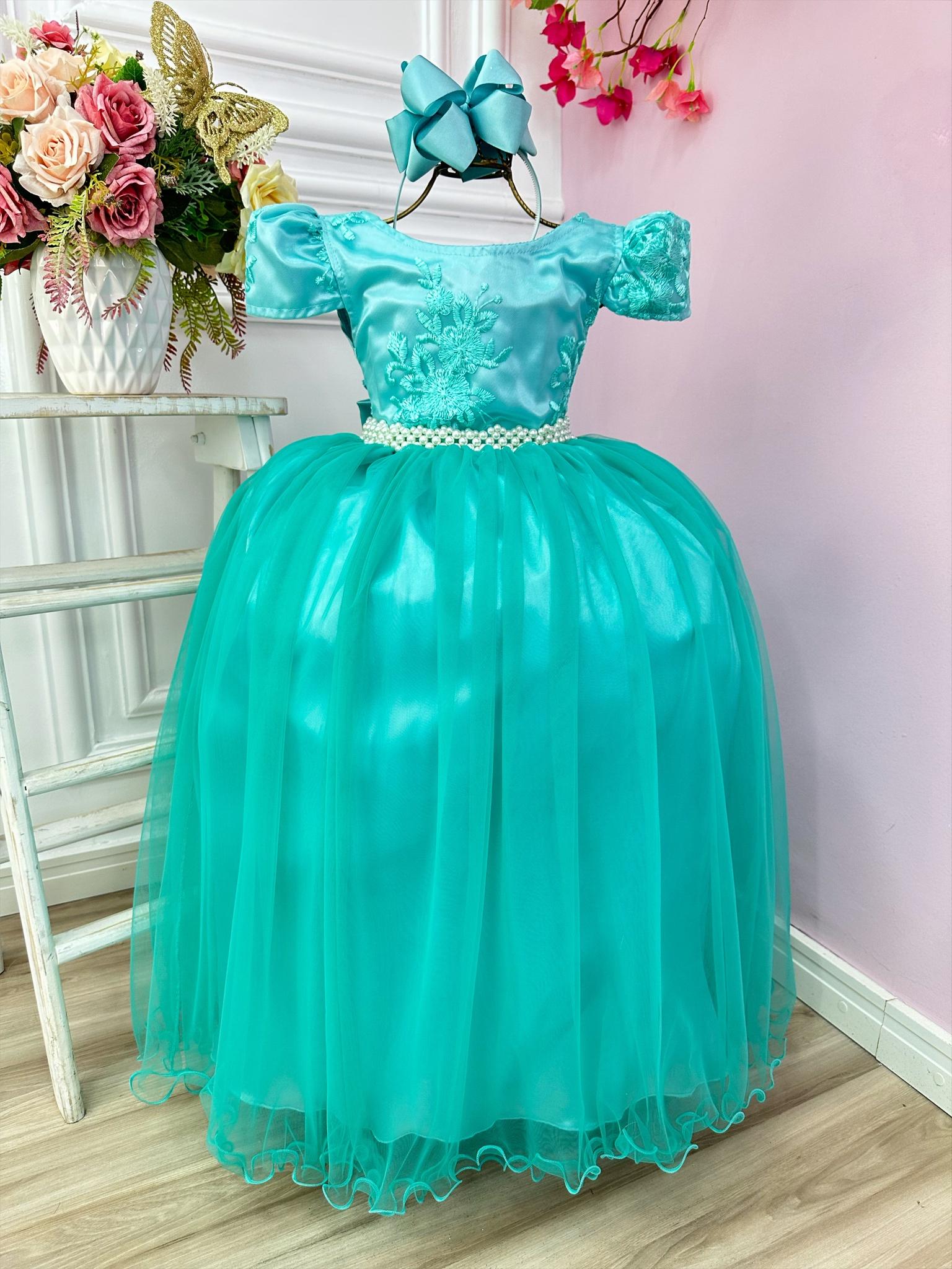 Vestido Infantil Verde Realeza C/ Renda e Pérolas Festa Luxo