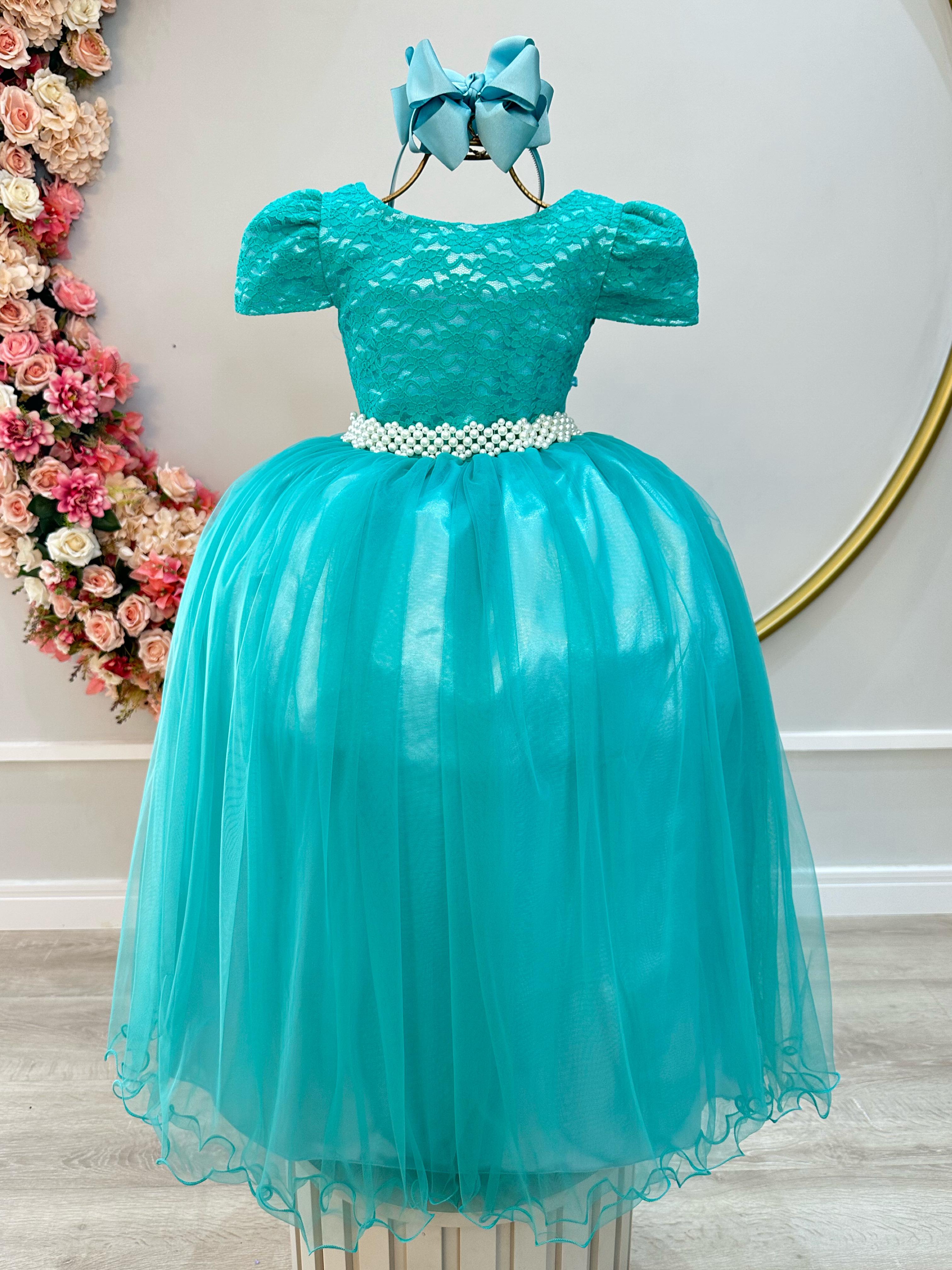 Vestido Infantil Verde Tule Renda Longo Dama Luxo Casamento