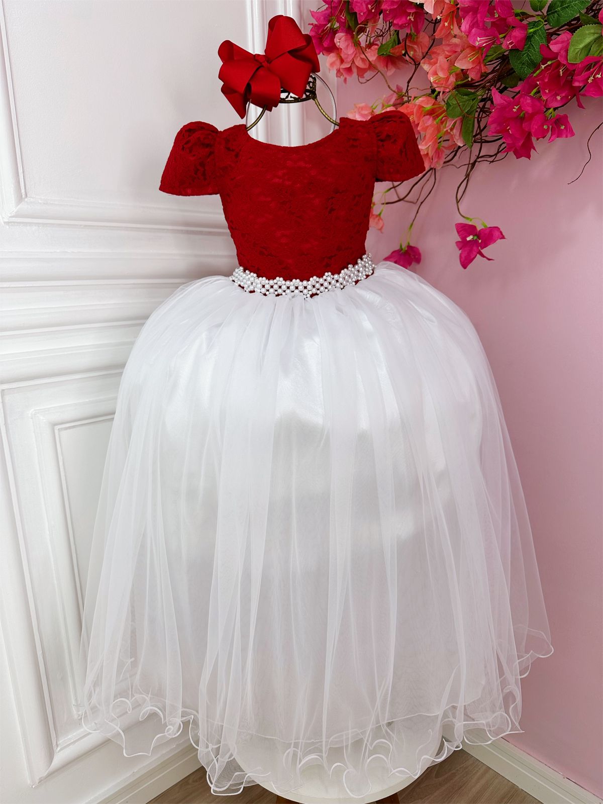 Vestido Infantil Vermelho C/ Renda e Saia Branca Damas Longo