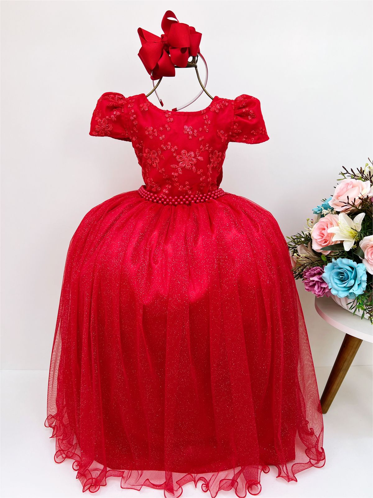 Vestido Infantil Vermelho Damas Honra Casamento Luxo e Renda