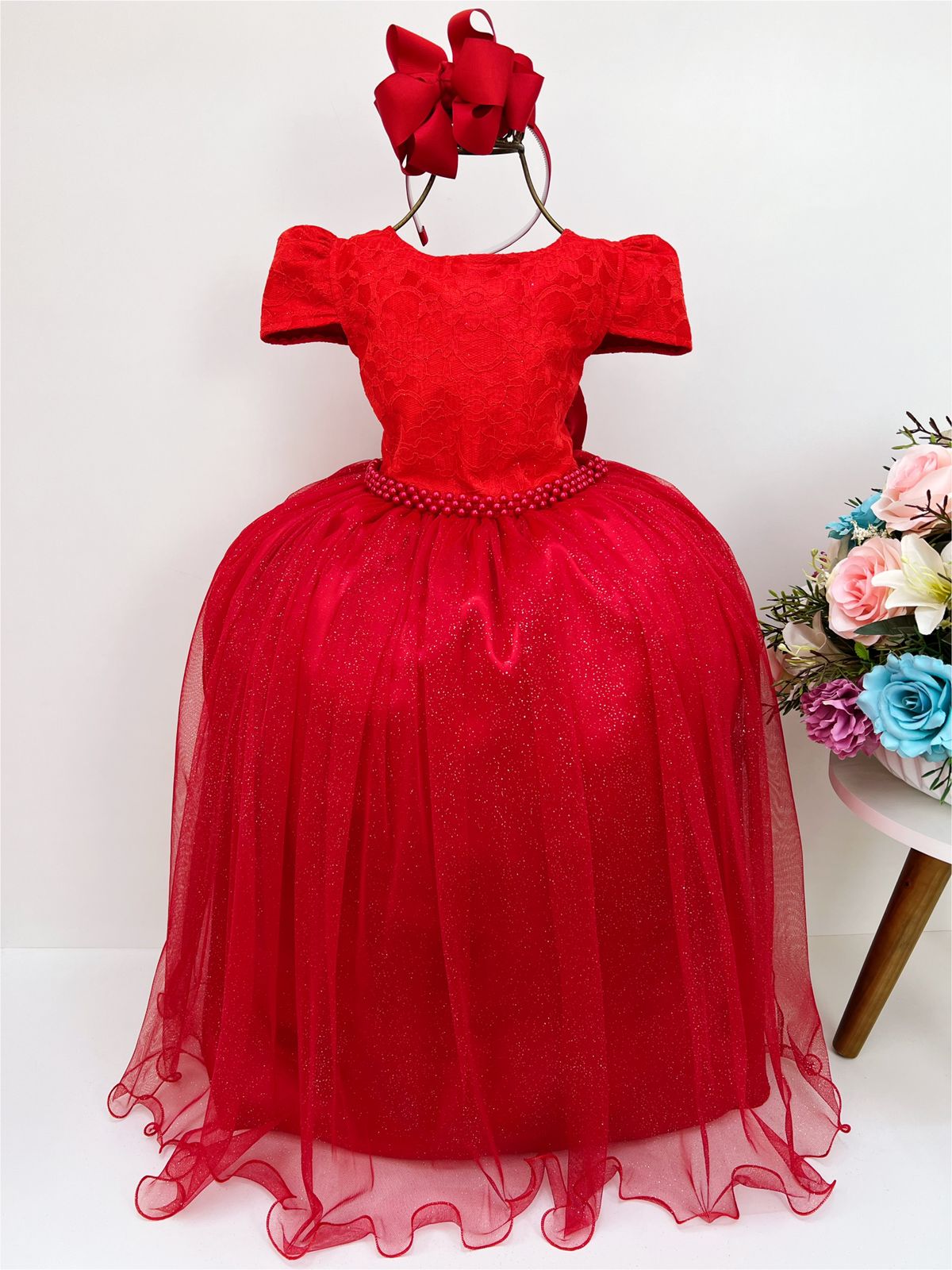Vestido Infantil Vermelho Damas Honra Casamento Luxo Renda