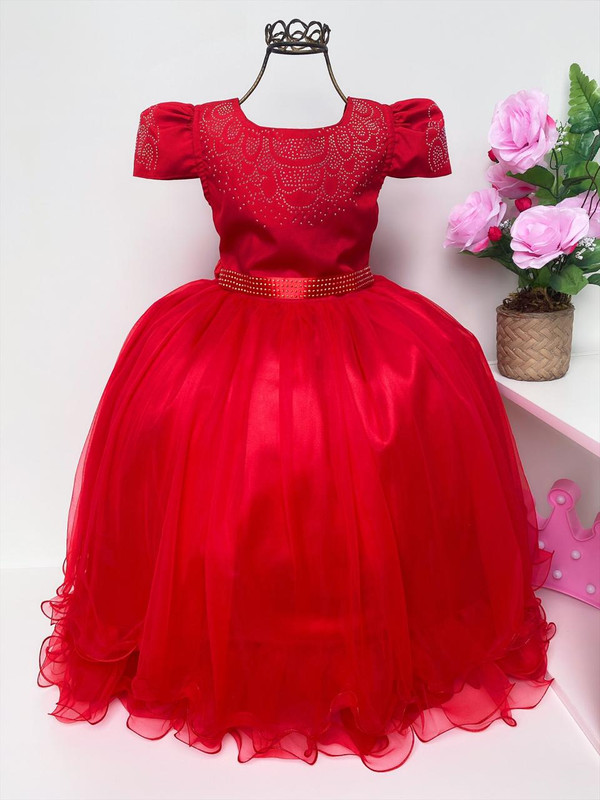 Vestido Infantil Vermelho Damas Luxo Brilho Festa Casamento