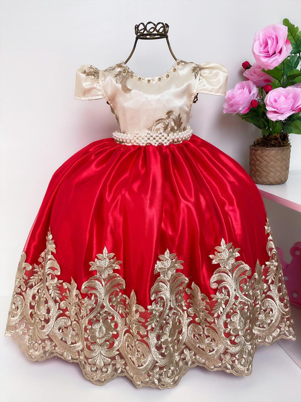Vestido Infantil Vermelho e Marfim Luxo Pérolas Renda