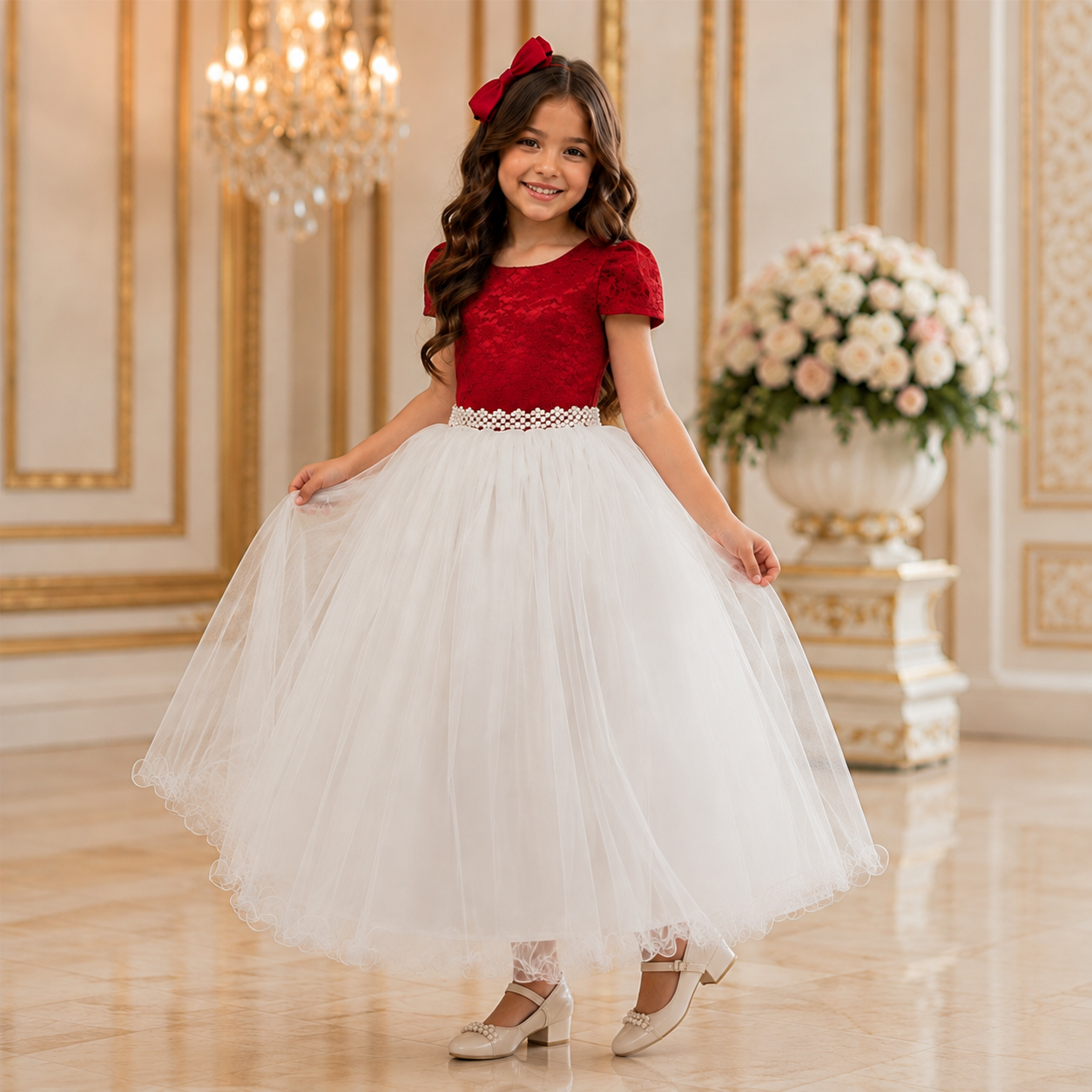 Vestido Infantil Damas Longo, Vermelho/Off White, em Cetim, Renda e Tule