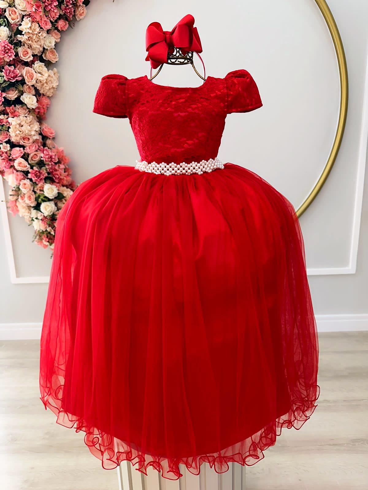 Vestido Infantil Vermelho Tule Renda Longo Dama Casamento