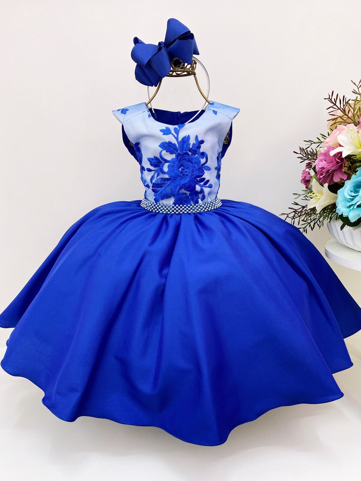 Vestido Infantil Azul Marinho Renda Cinto Pérolas Luxo