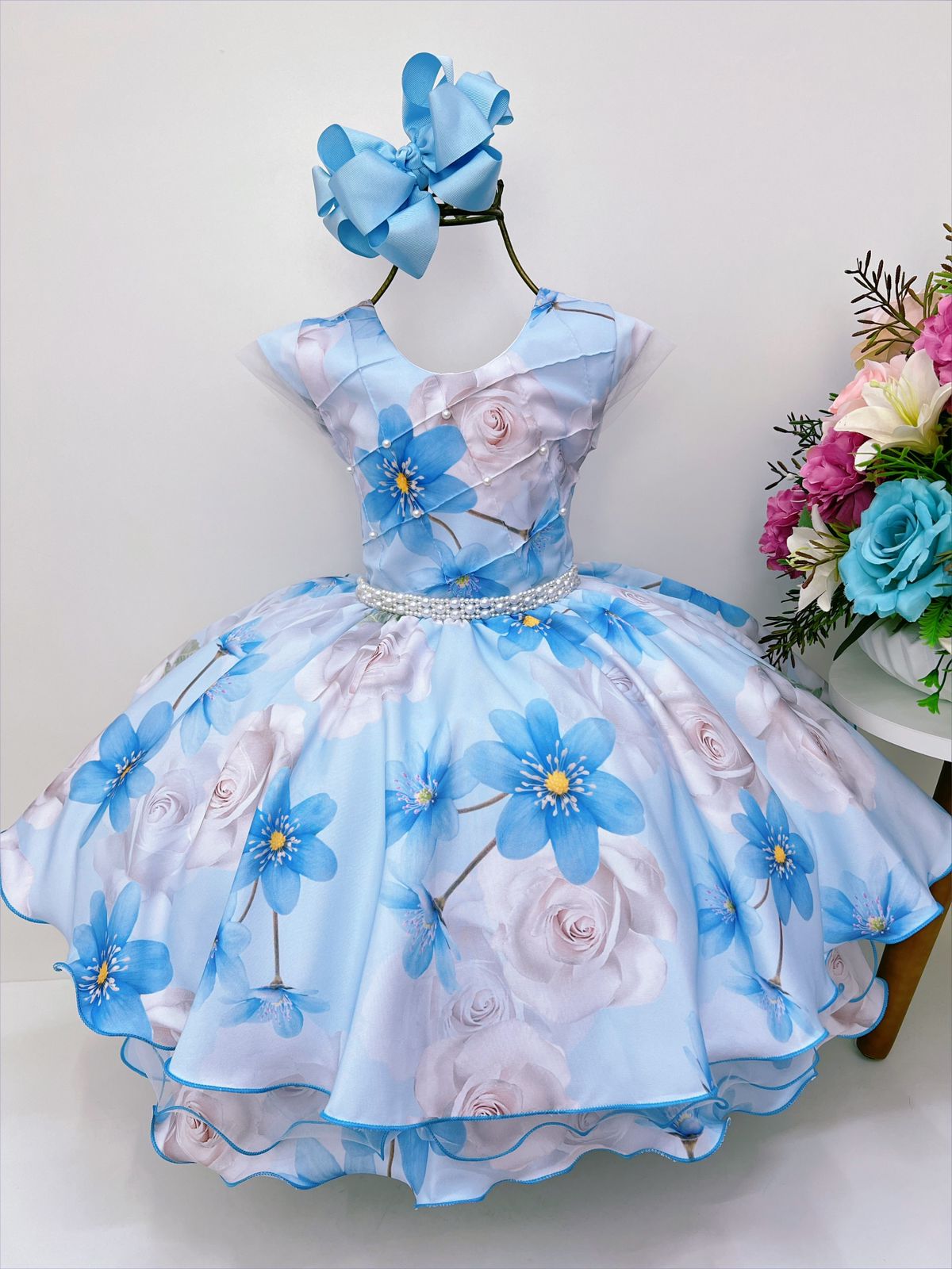 Vestido Infantil Azul Peito Nervura Florido Pérolas Luxo
