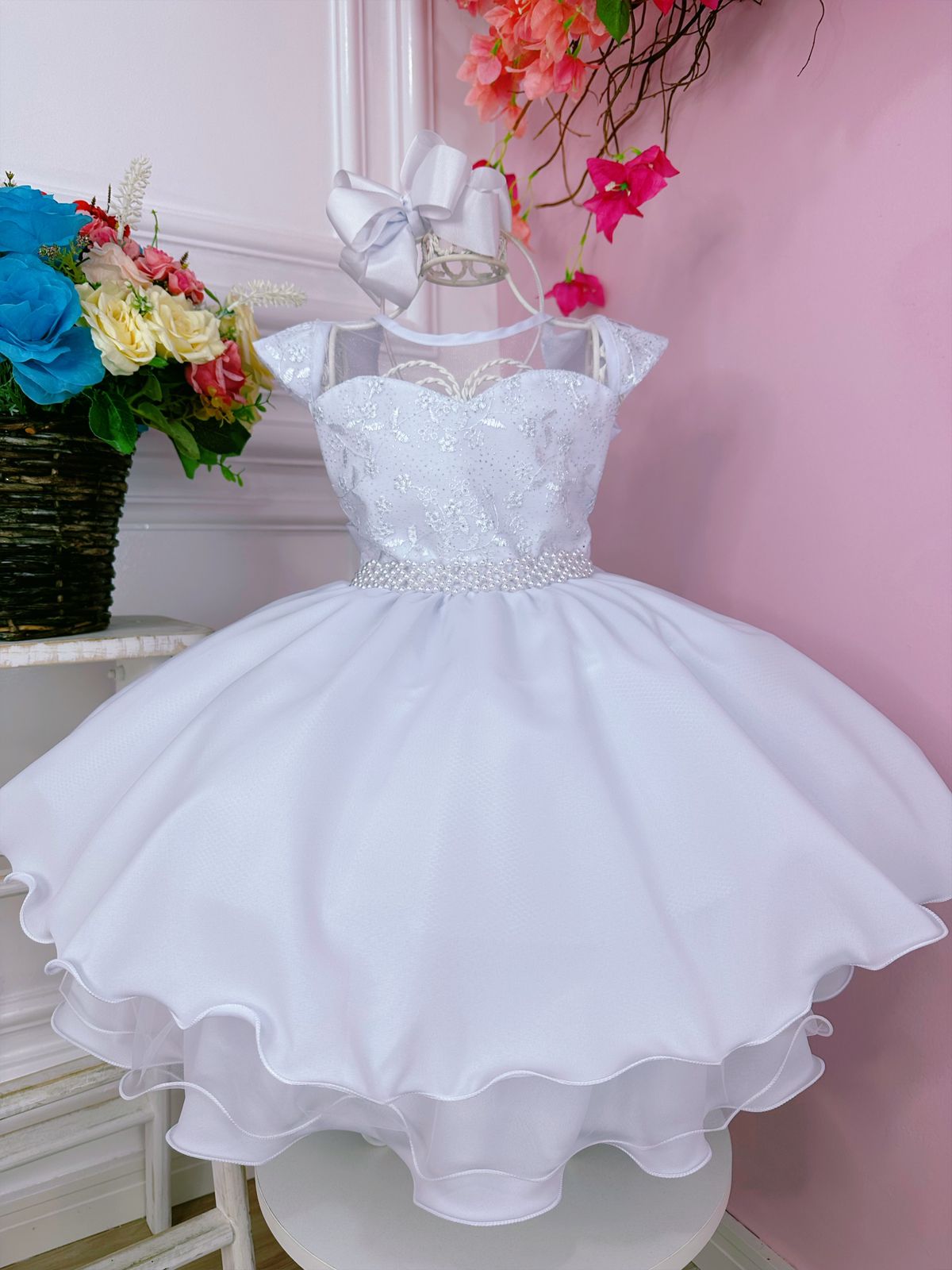 Vestido Infantil Branco C/ Glitter e Renda Cinto de Pérolas