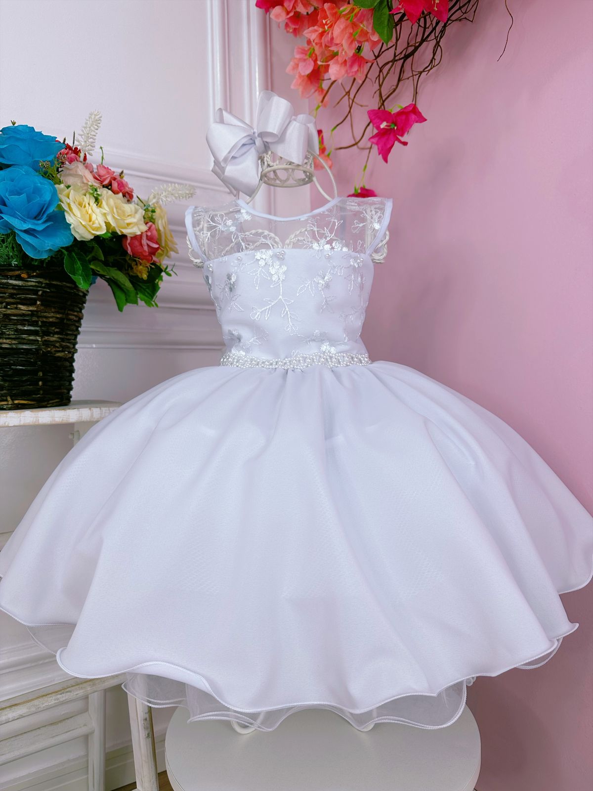 Vestido Infantil Branco C/ Renda Cinto de Pérolas Luxo