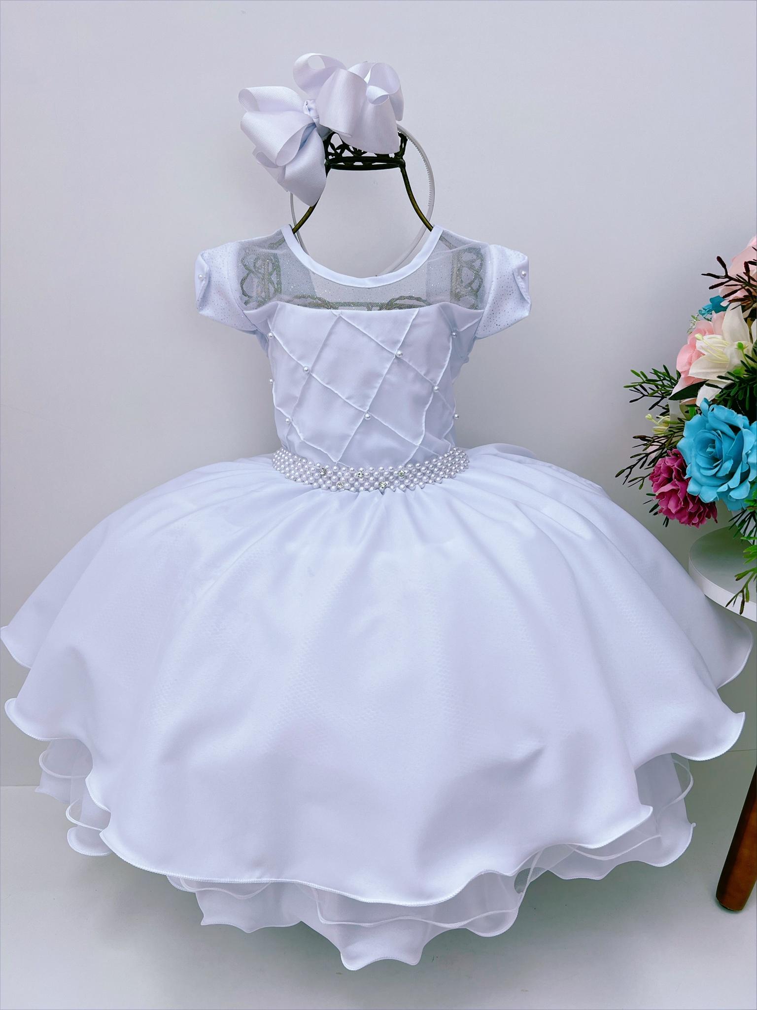 Vestido Infantil Branco Peito C/ Nervura e Pérolas