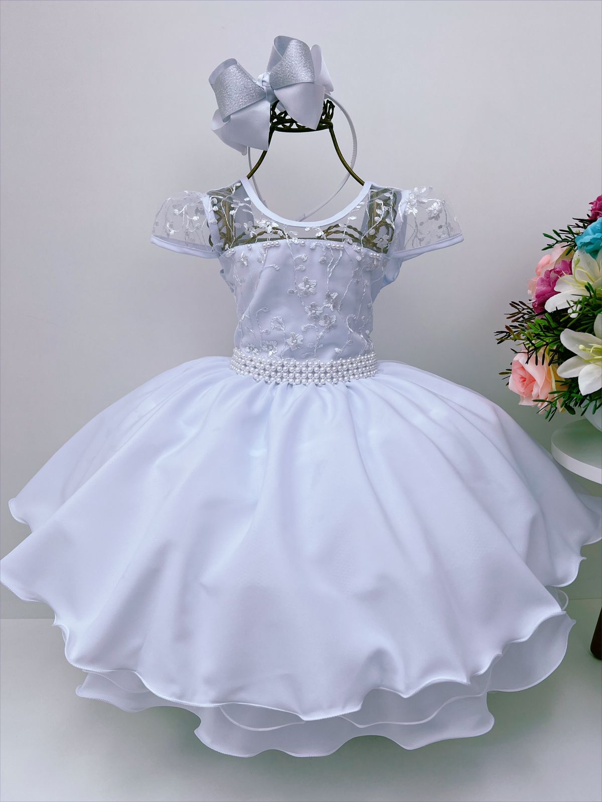Vestido Infantil Branco Renda Luxo Damas Cinto Pérolas