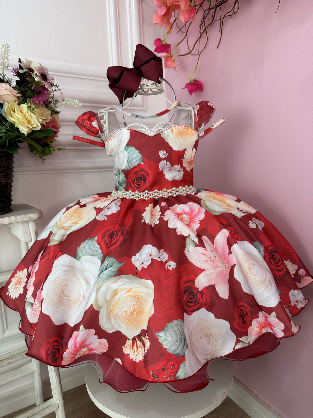 Vestido Infantil Marsala Florido Com Cinto de Pérolas Luxo