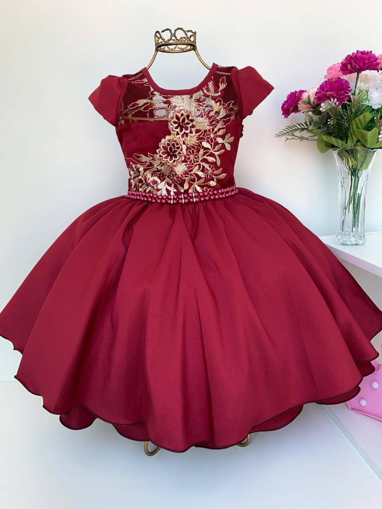 Vestido Infantil Marsala Renda Flor com Cinto de Pérola