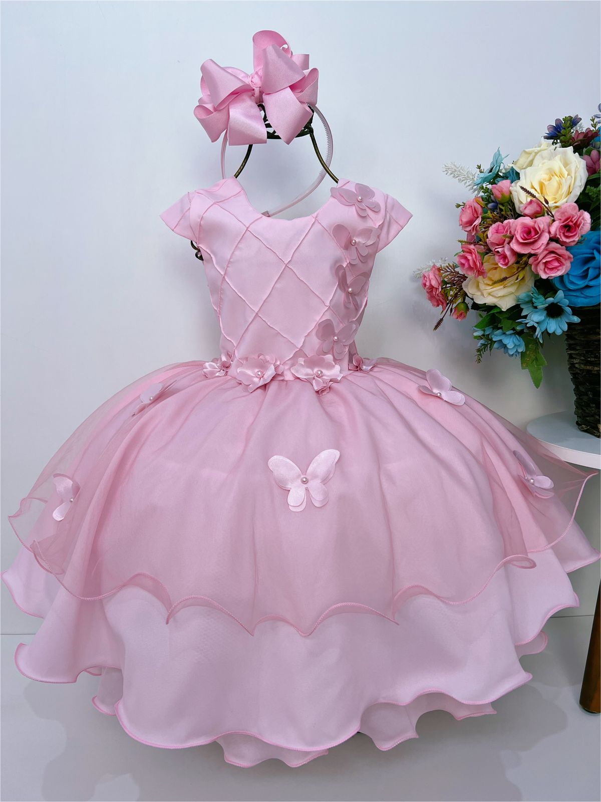 Vestido Infantil Rosa Aplique Flores e Borboletas C/ Pérolas