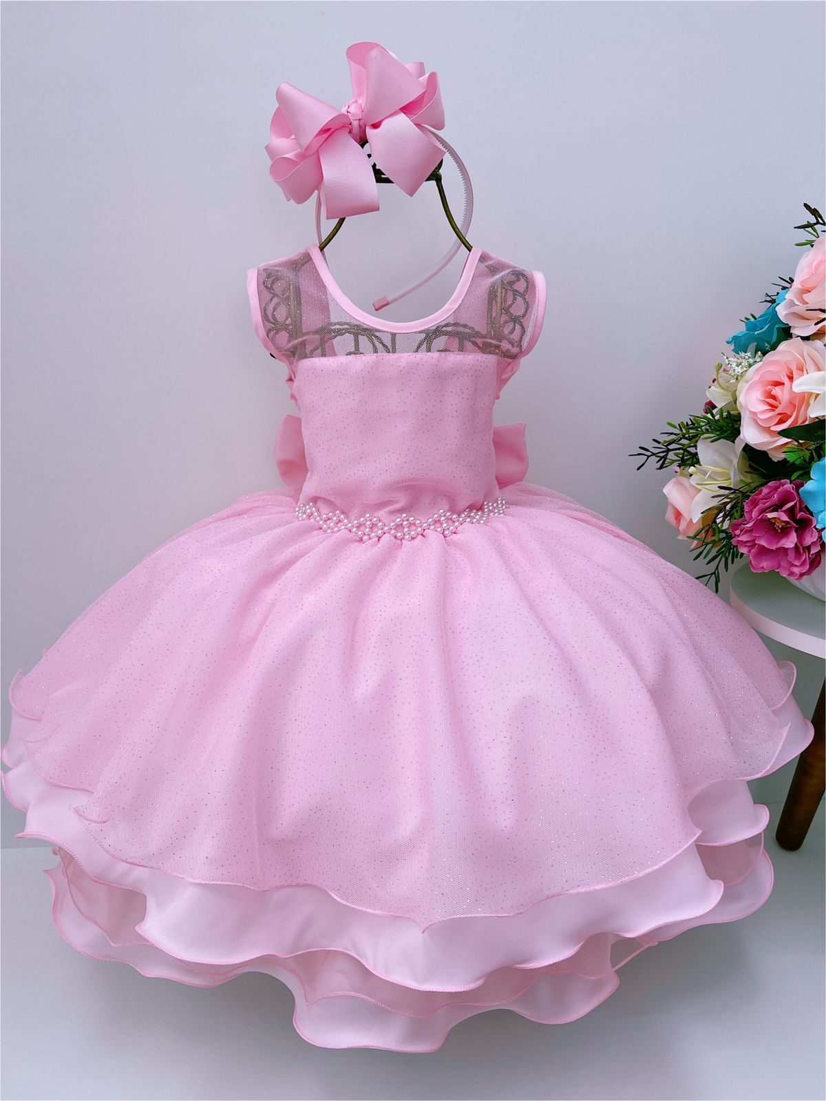 Vestido Infantil Rosa Brilho Cinto Pérolas Daminhas Luxo