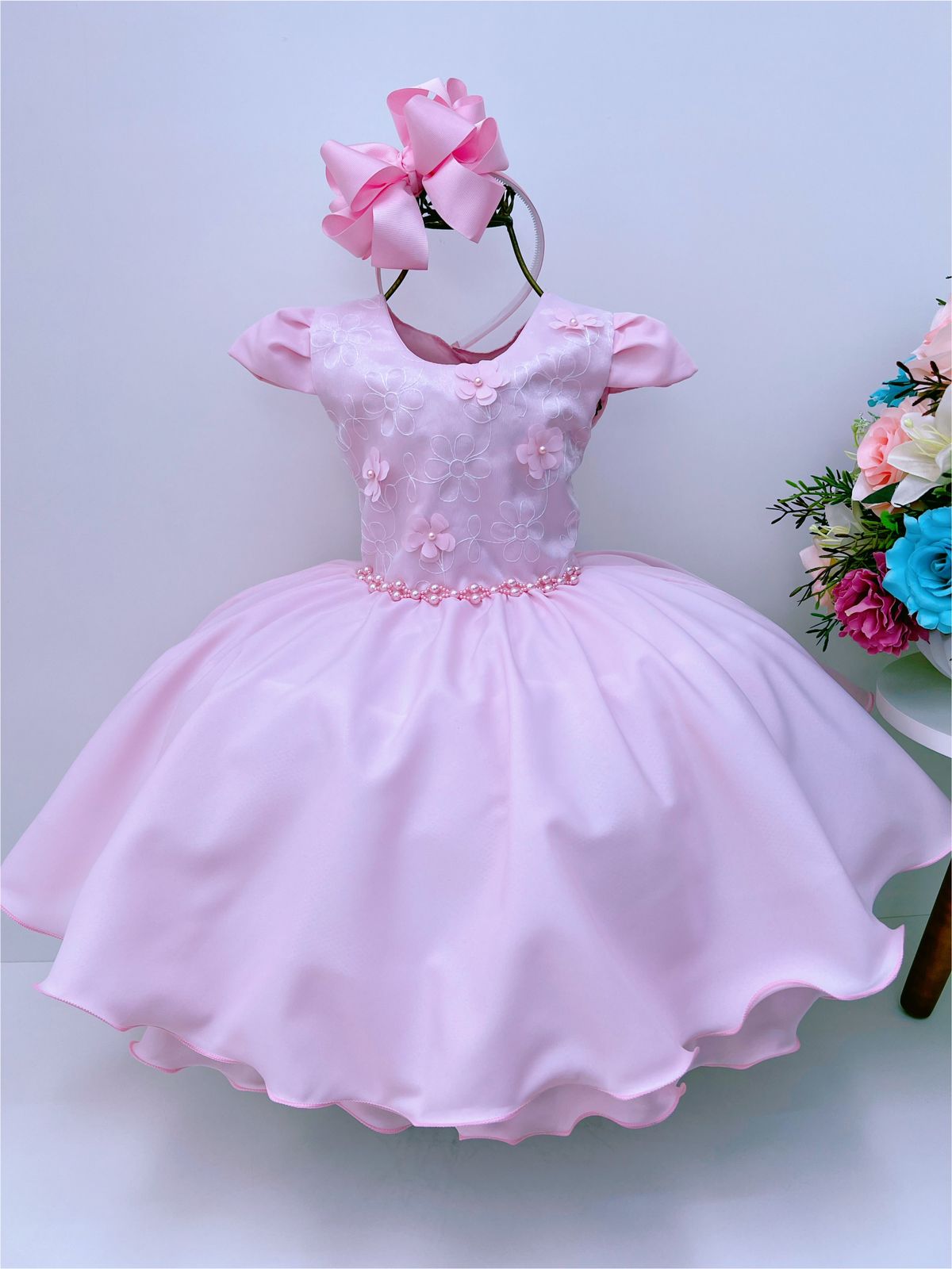 Vestido Infantil Rosa C/ Renda Aplique flores Pérolas Luxo