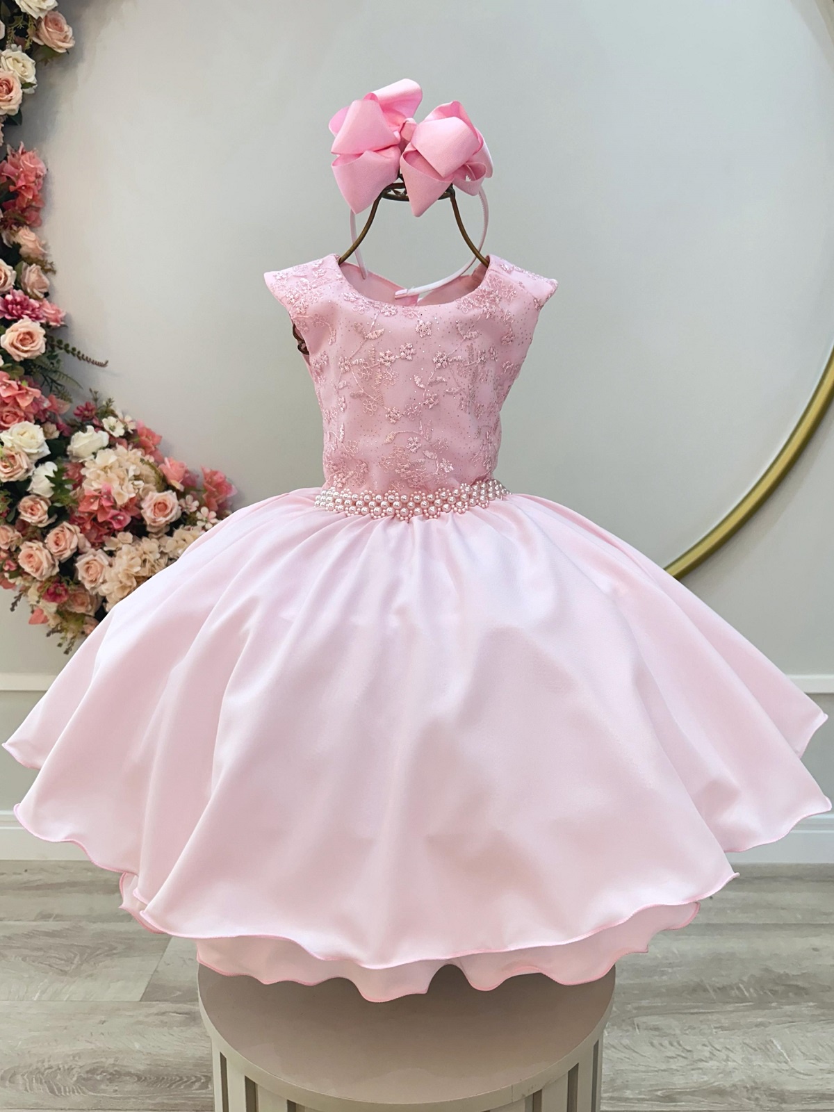 Vestido Infantil Rosa Claro Busto C/ Renda Daminhas