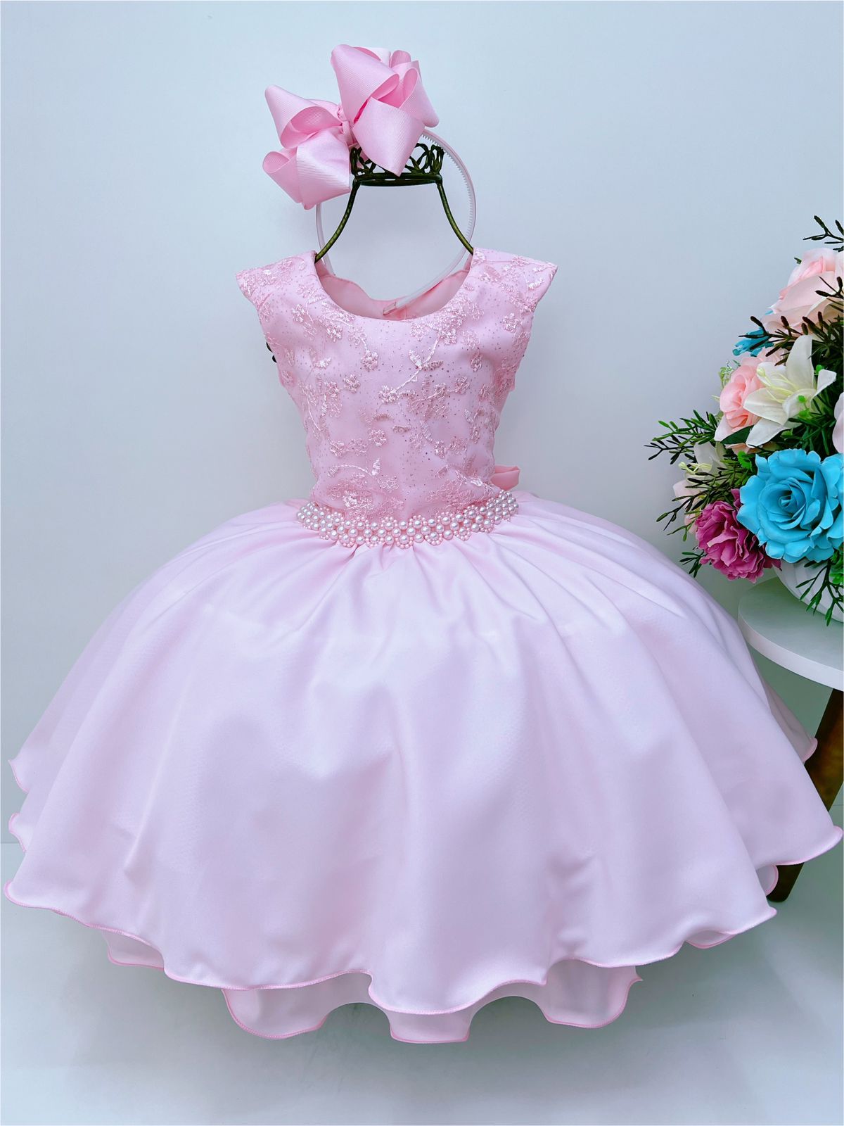 Vestido Infantil Rosa C/ Renda e Cinto Pérolas 
