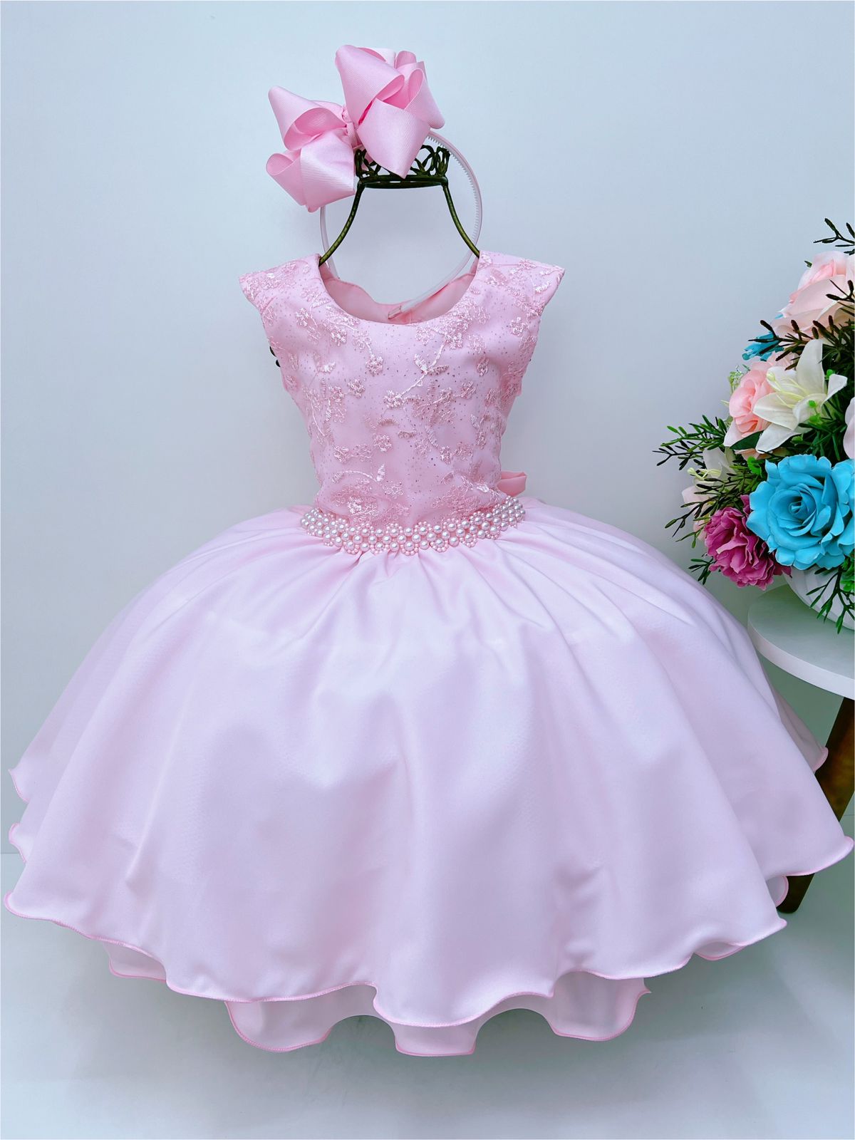 Vestido Infantil Cinderela Princesa Azul C/ Renda e Pérolas - Rosa Charmosa  Atacado