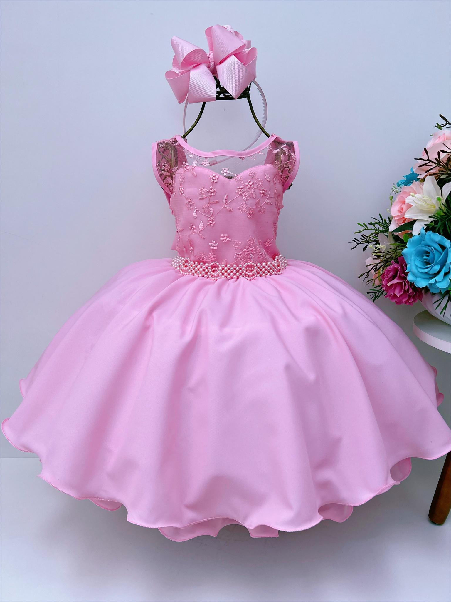 Vestido Infantil Rosa Chiclete Renda Cinto Pérolas 