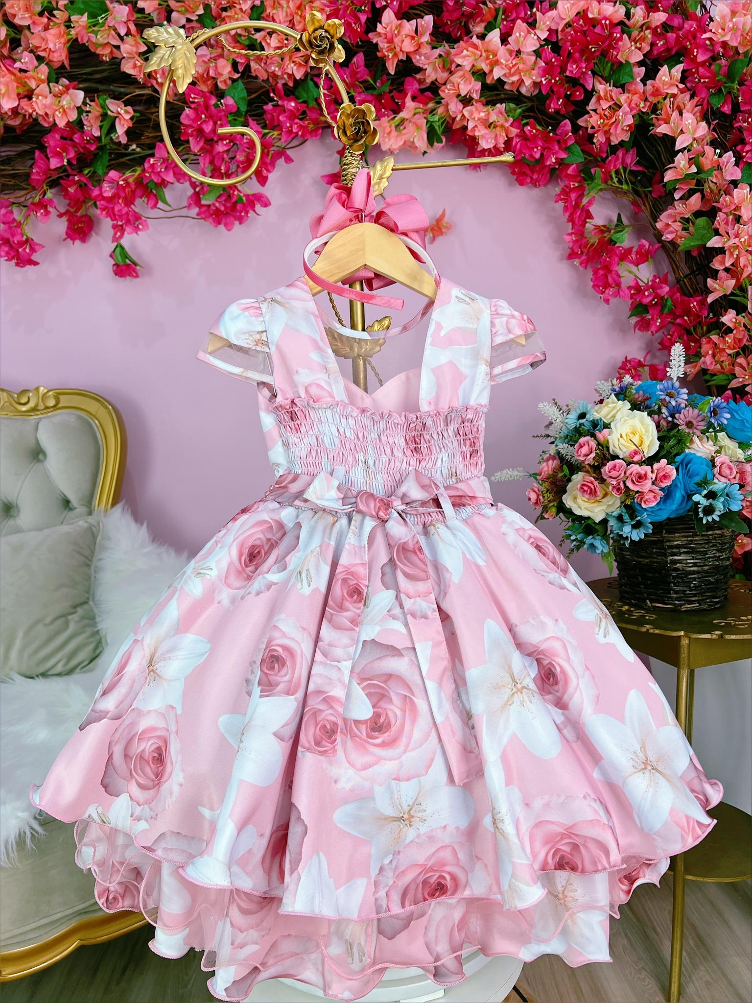 Vestido Infantil Princesas da Disney Rosa Bebê Floral Luxo - Rosa Charmosa  Atacado