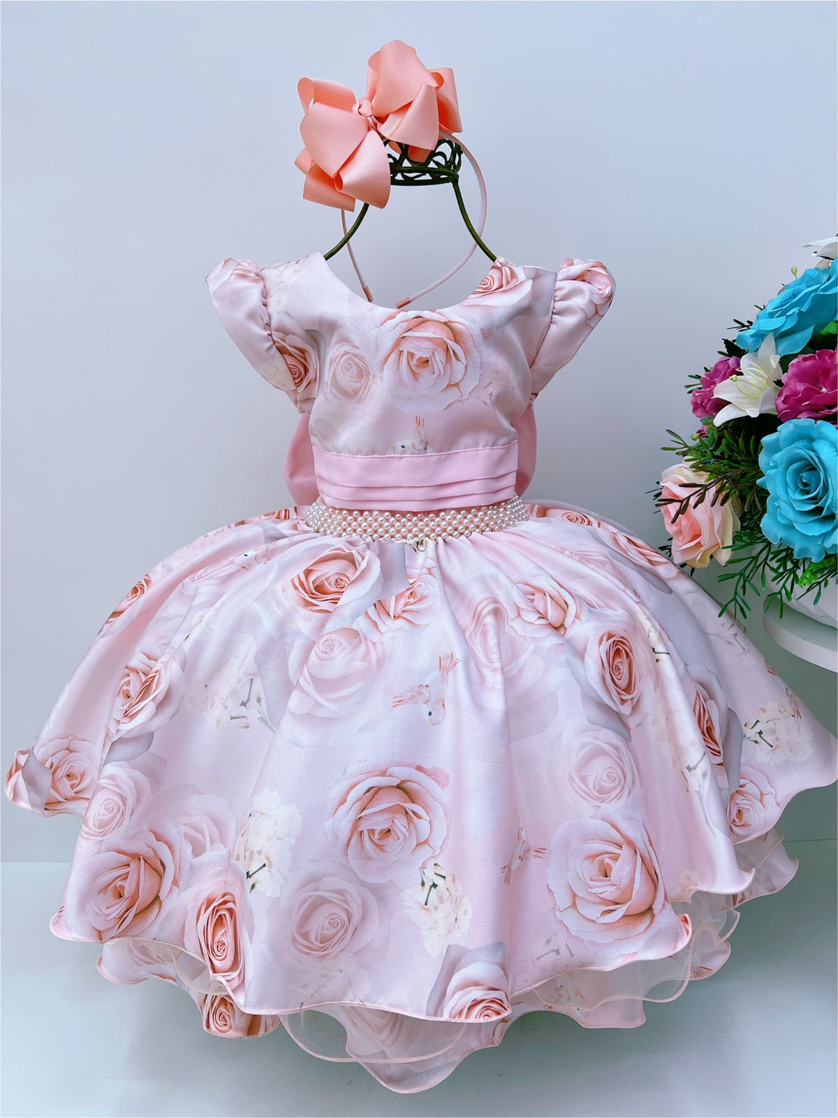 Vestido Infantil Rosa Florido C/ Cinto Pérolas Luxo