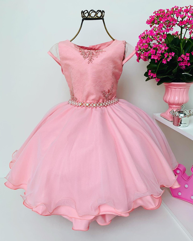 Vestido Infantil Rosa Luxo Damas Renda Cinto Pérolas Strass