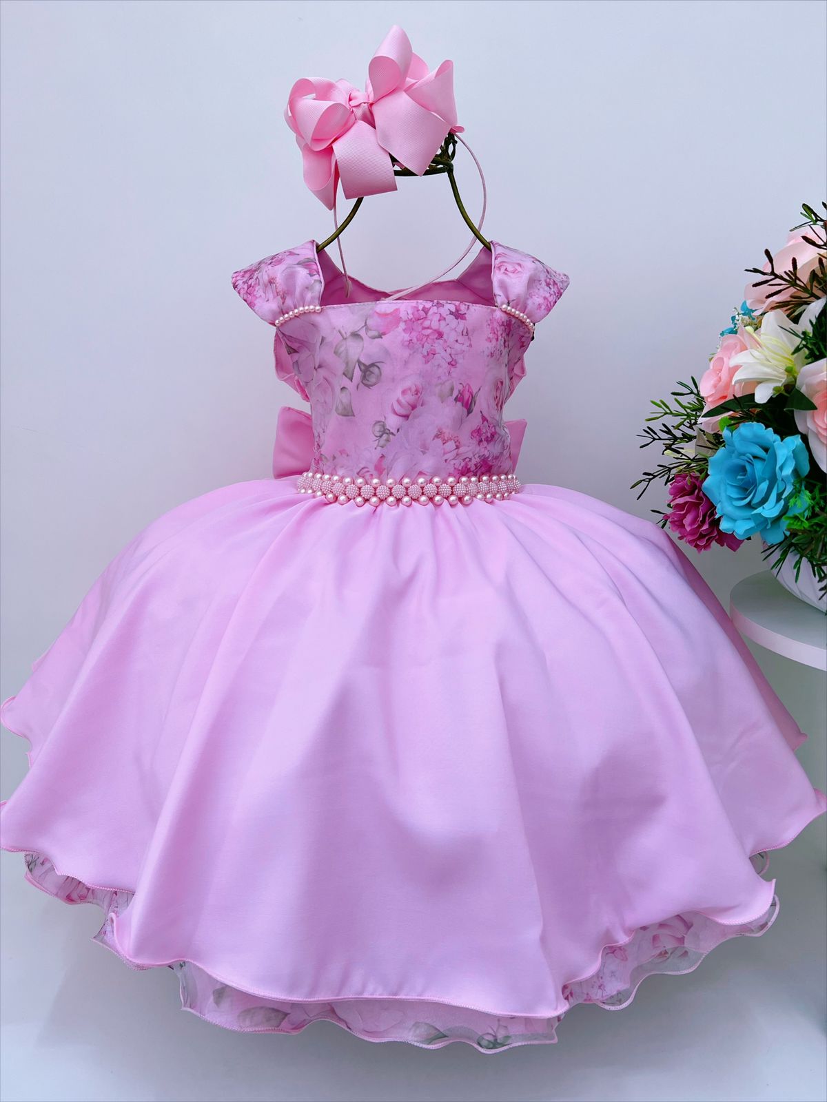 Vestido Infantil Rosa Peito Floral Pérolas Luxo Festas