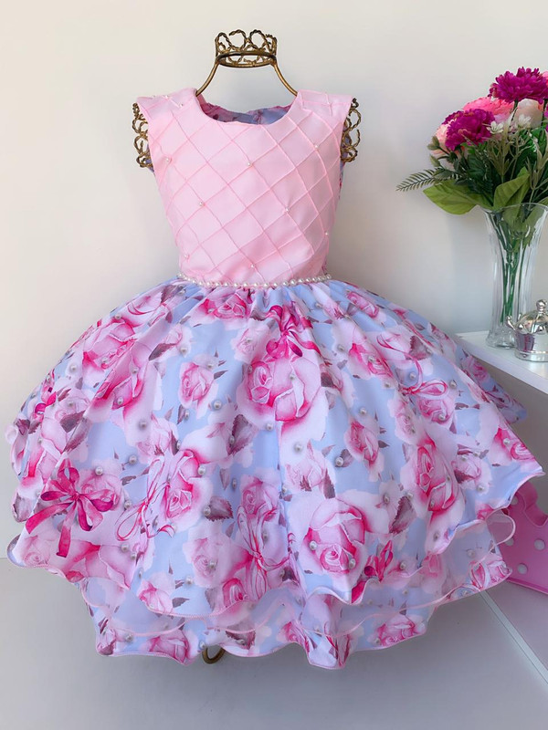 Vestido Infantil Rosa Saia Floral Princesa Luxo Pérolas