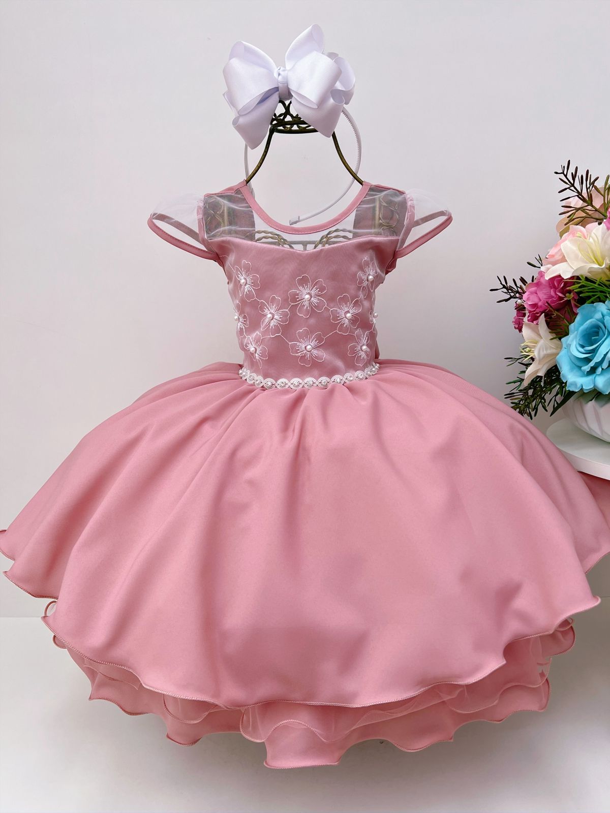 Vestido Infantil Rosé C/ Renda e Cinto Pérolas Strass Luxo