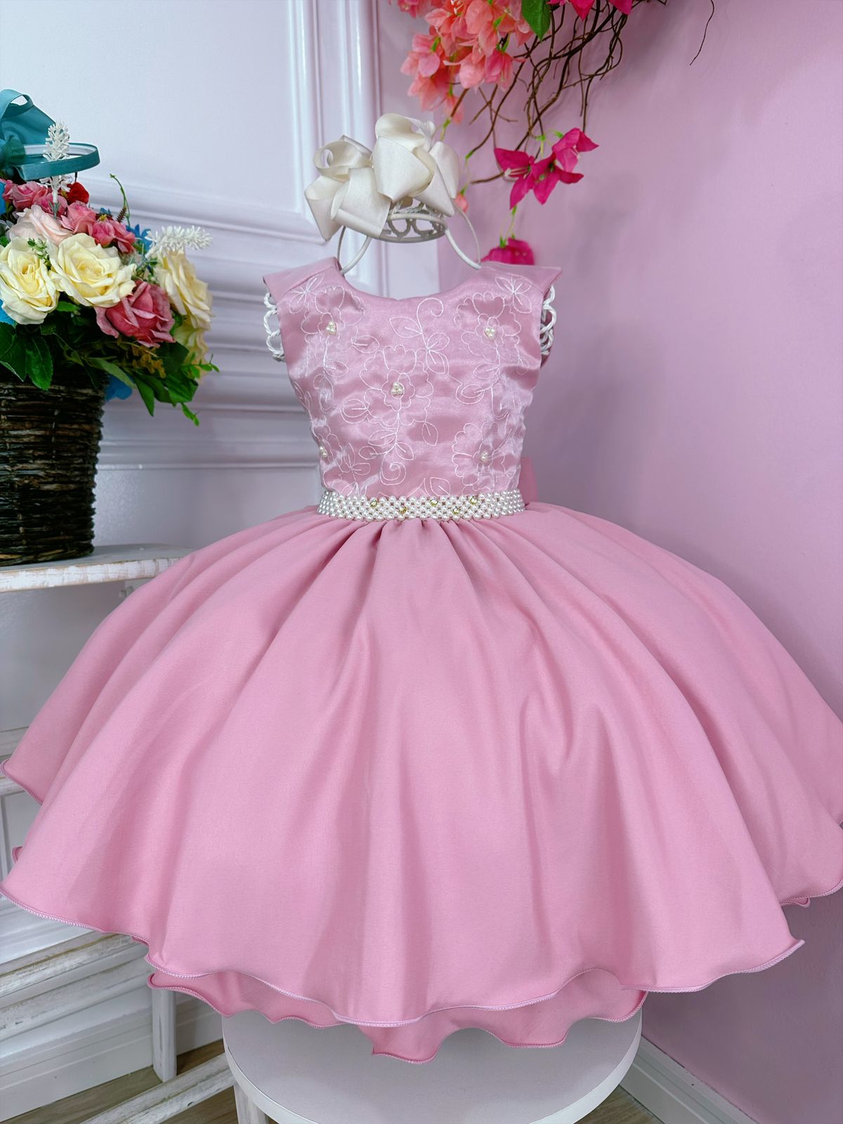 Vestido Infantil Rose C/ Renda Flores e Pérolas Damas Luxo