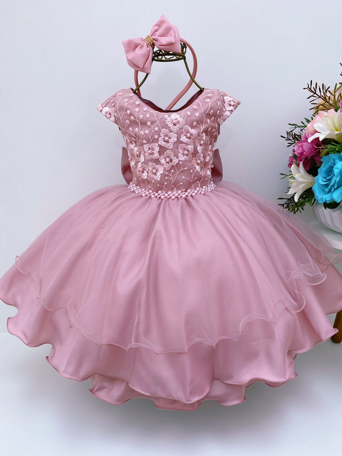 Vestido Infantil Rosê Rendado Cinto de Pérolas