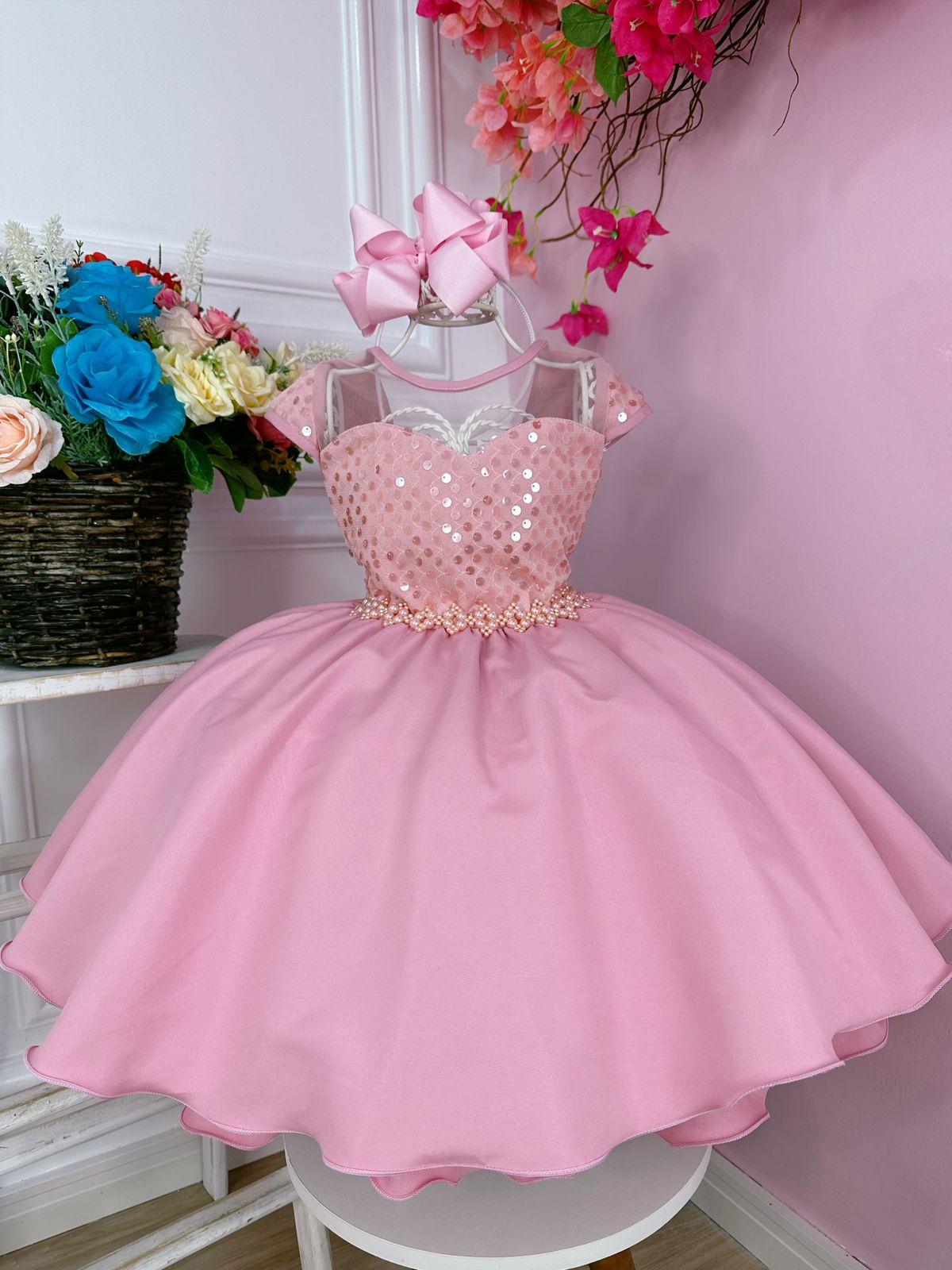 Vestido Infantil Rose Tule C/ Paetê Damas e Cinto de Pérolas