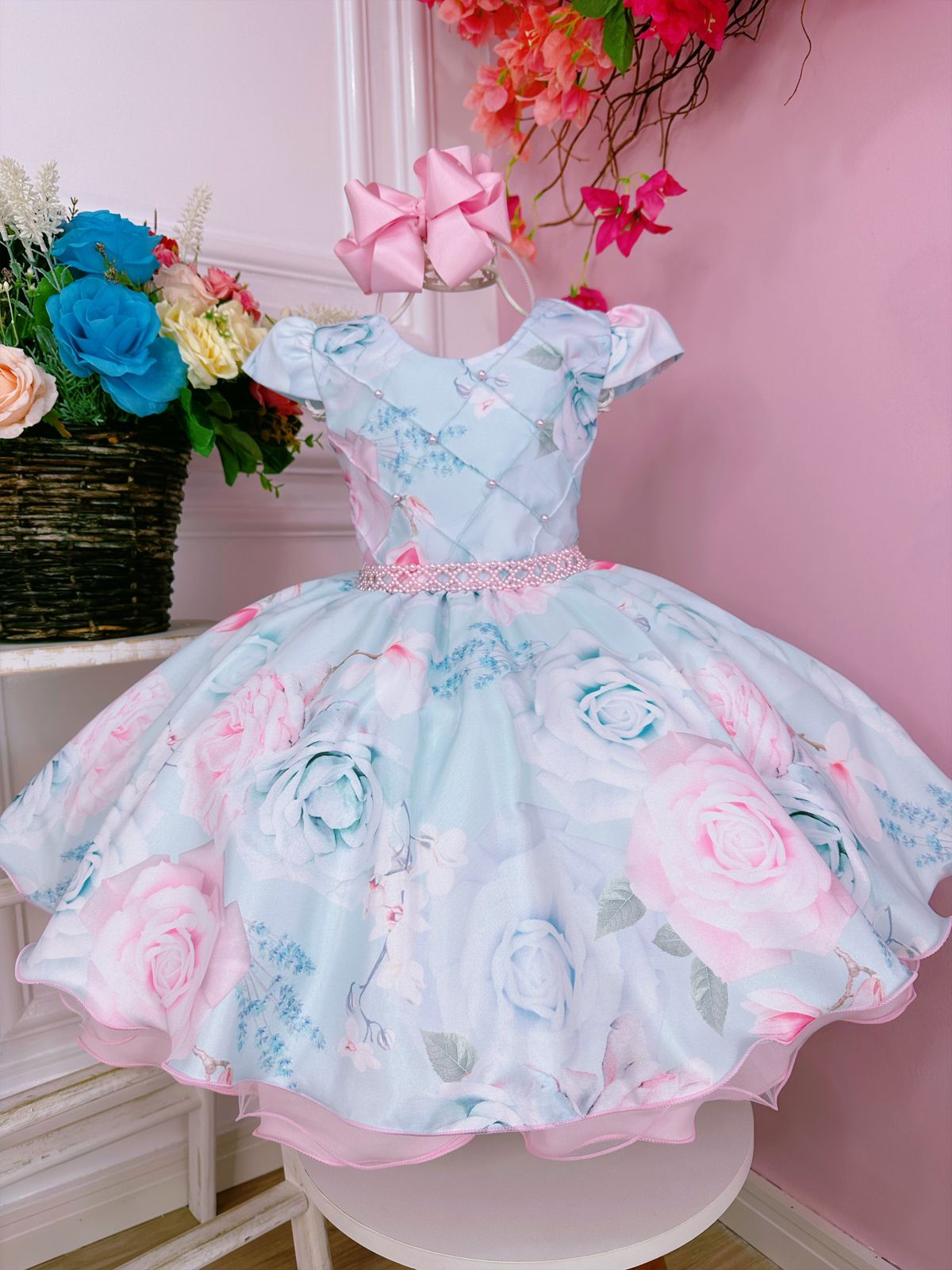 Vestido Infantil Verde Peito Nervura Florido e Pérolas Damas