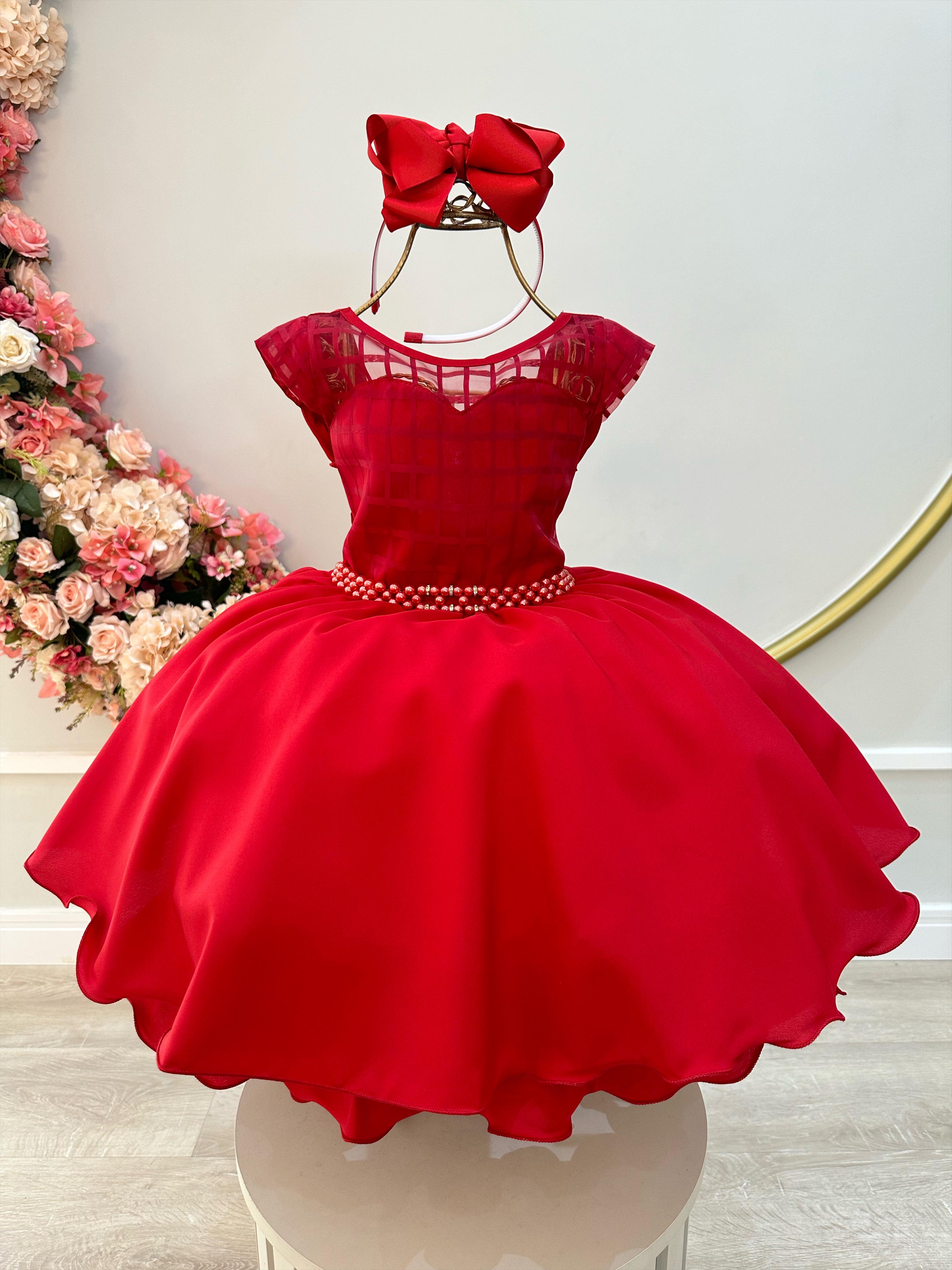 Vestido Infantil Vermelho C/ Cinto de Pérolas