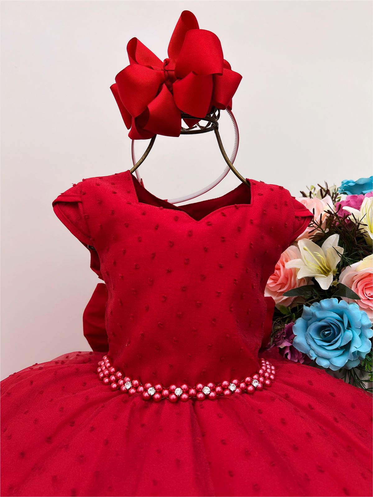 VESTIDO FESTA PRINCESA LUXO VERMELHO TULE COM PÉROLAS SOB L49ESQMD8