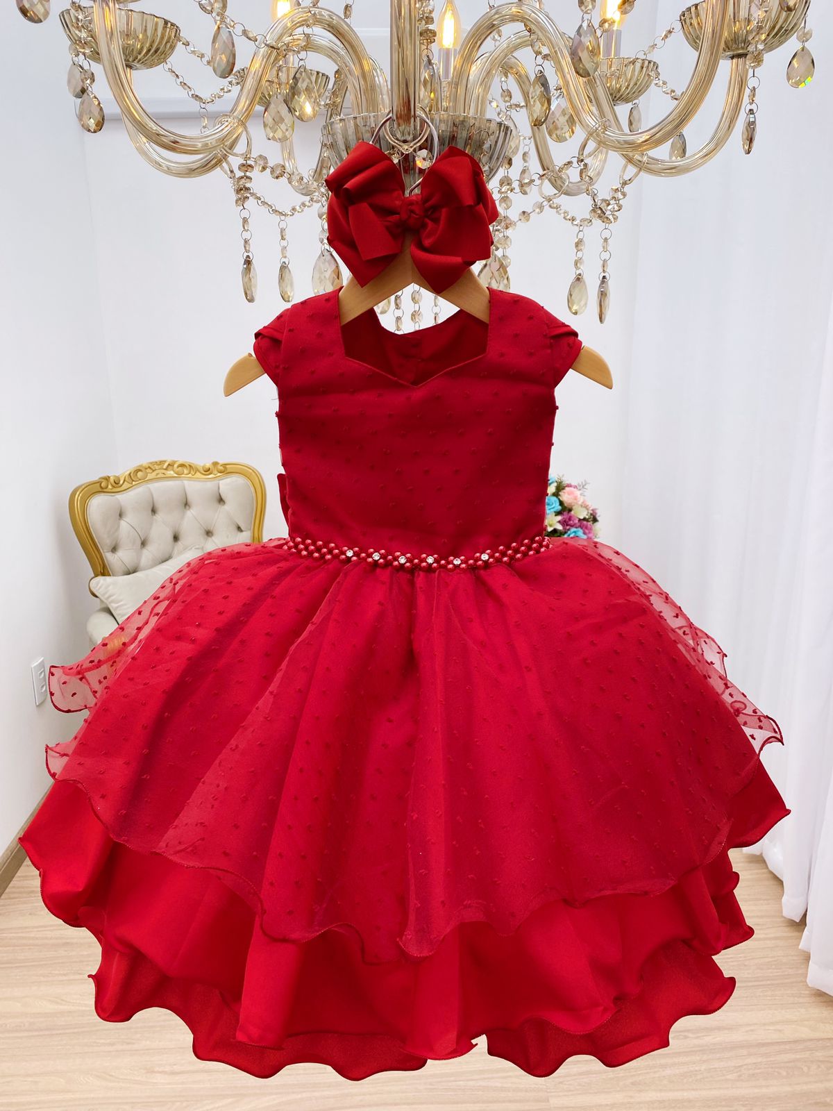 VESTIDO FESTA PRINCESA LUXO VERMELHO TULE COM PÉROLAS SOB L49ESQMD8