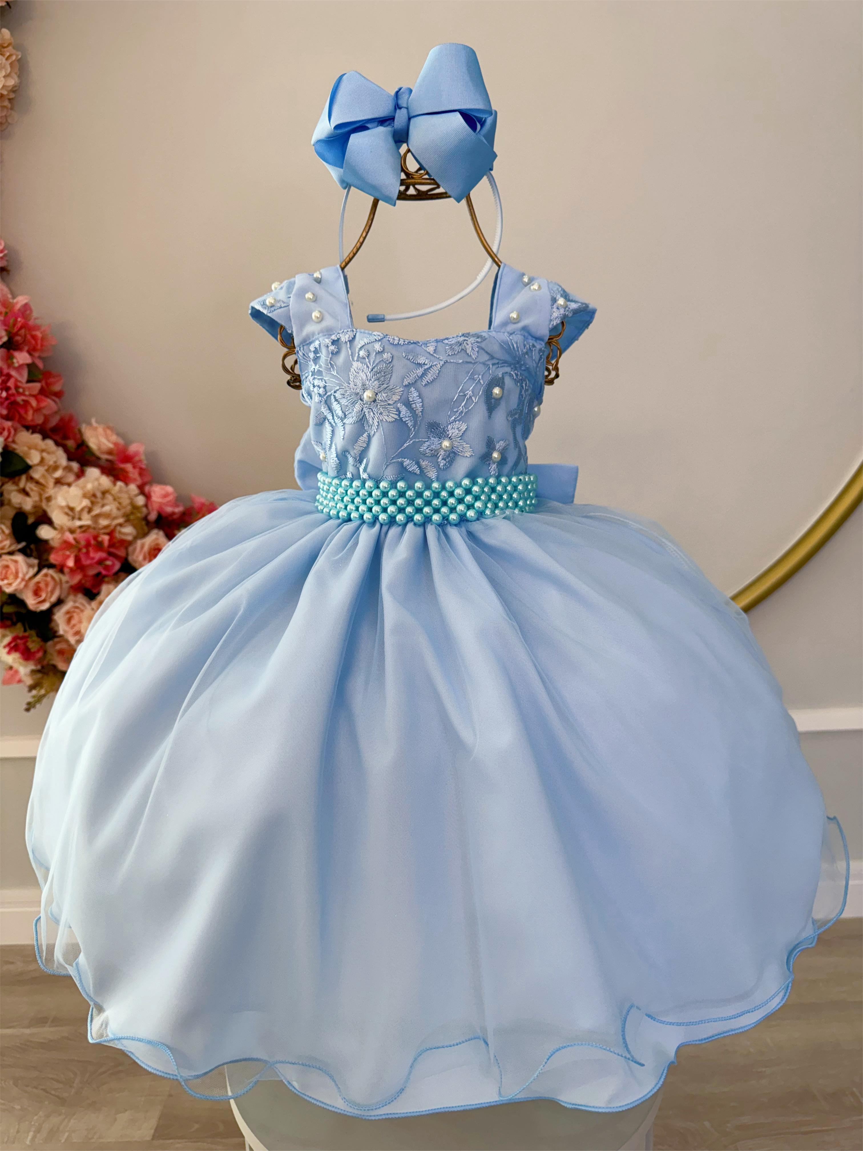 Vestido Infantil Azul Bebê C/ Renda Luxo e Cinto de Pérolas