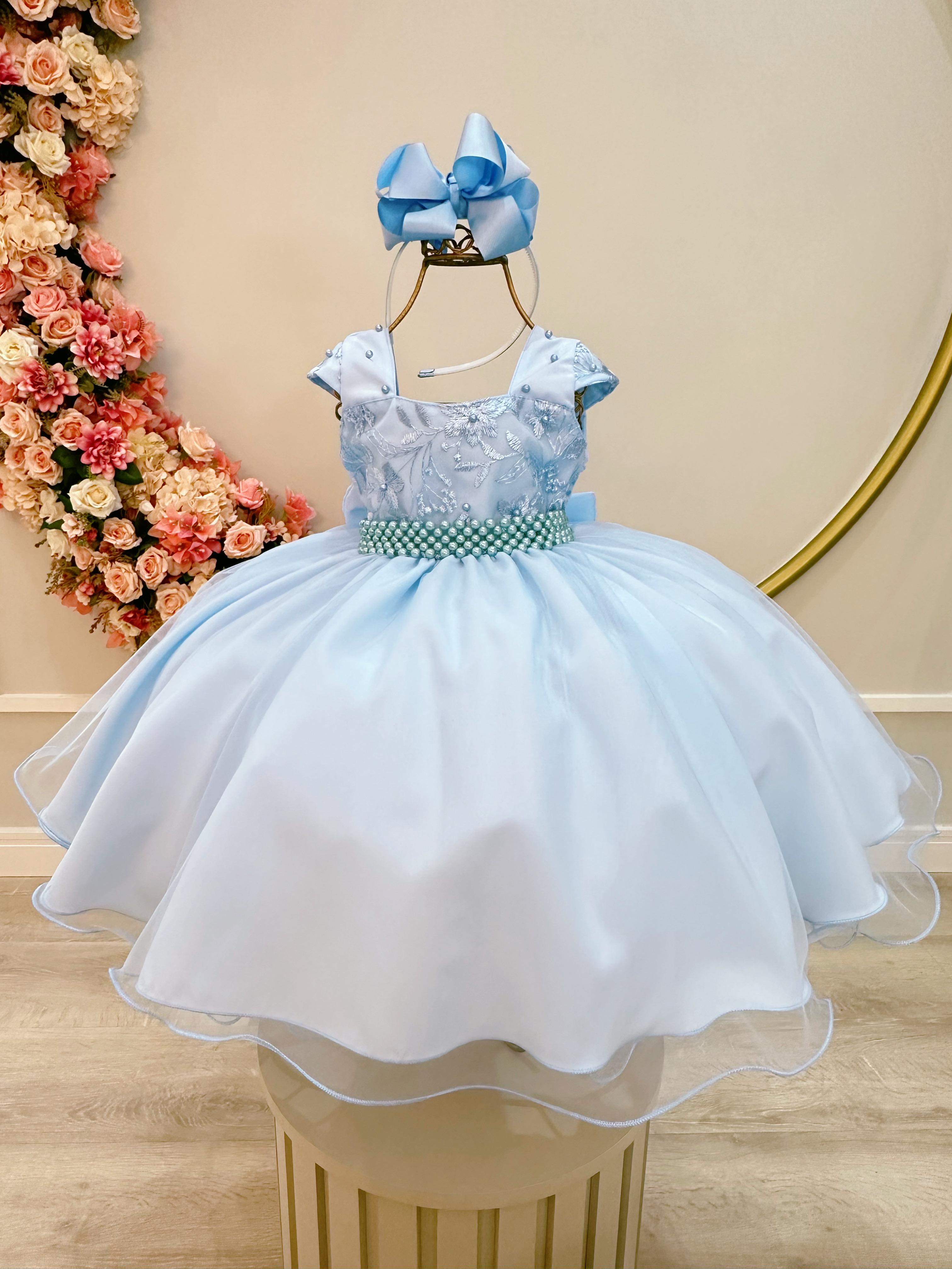 Vestido Infantil Azul  Bebê C/  Renda Luxo e  Cinto  de Pérolas